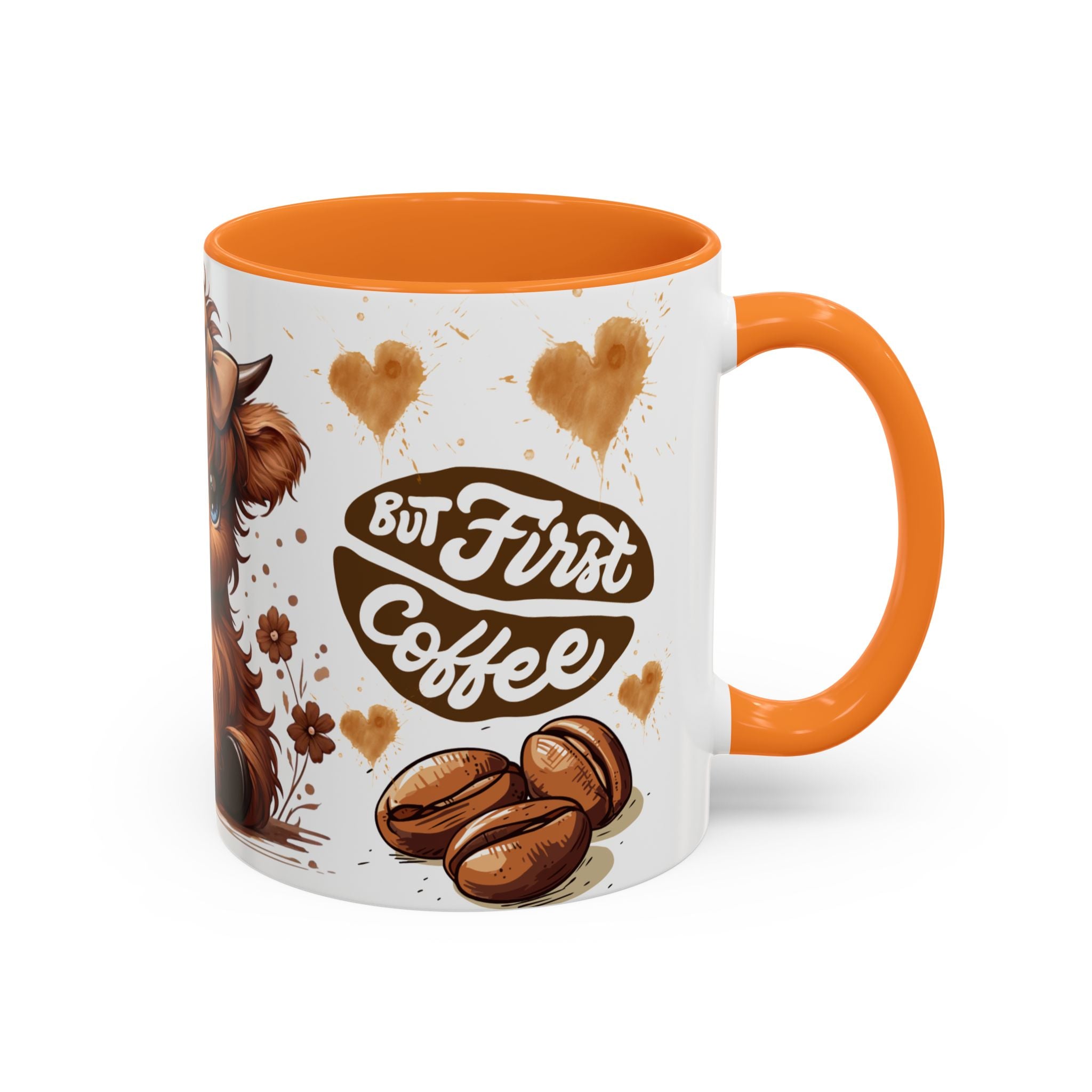 Cute Highland Cow Coffee Mug — "But First Coffee" Colorful Ceramic Mug (11oz/15oz)