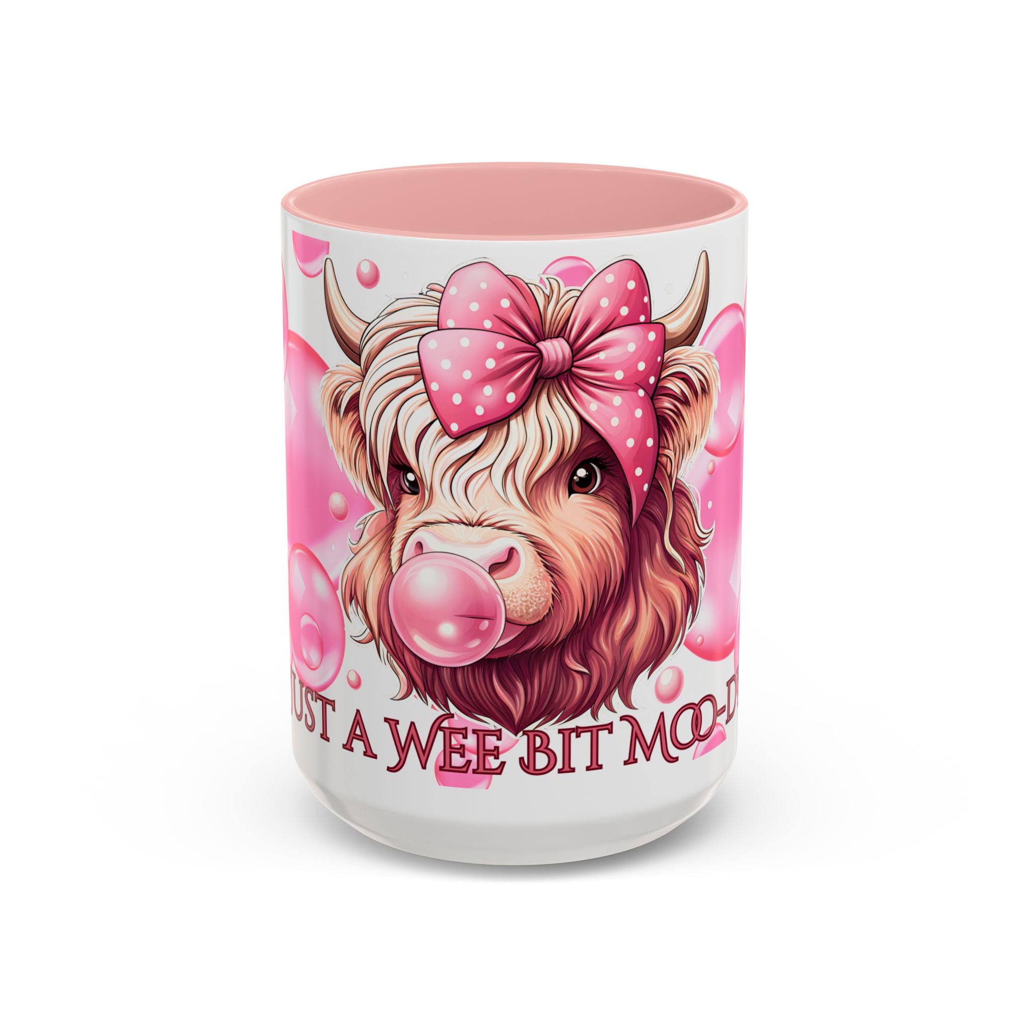Cute Highland Cow Coffee Mug Saying Just a Wee Bit Moo-dy Pink Accent Mug