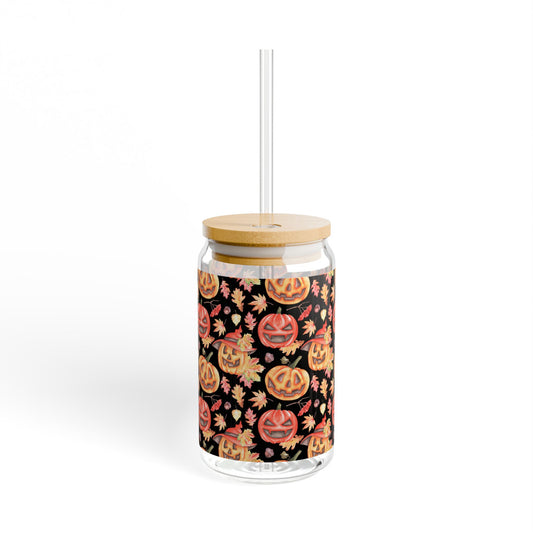 Halloween Themed Sipper Glass, 16oz | Pumpkin Design, Fall Decor
