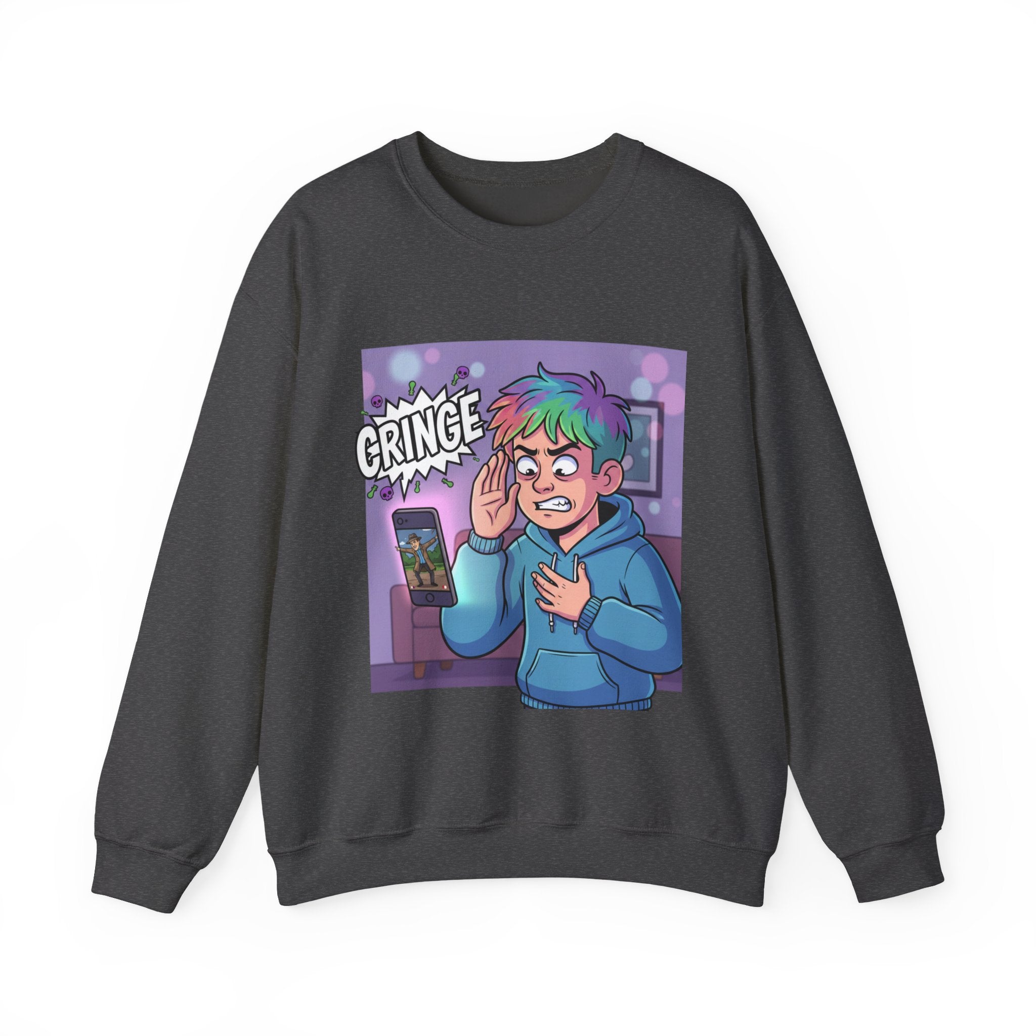 Cringe Reaction Cartoon Boy Sweatshirt | Funny Phone Call Illustration