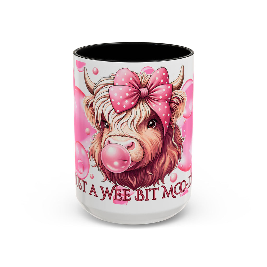Cute Highland Cow Coffee Mug Saying Just a Wee Bit Moo-dy Pink Accent Mug