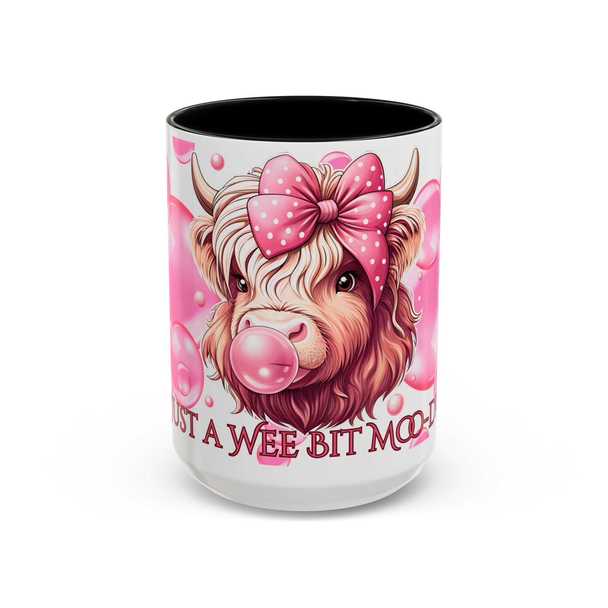 Cute Highland Cow Coffee Mug Saying Just a Wee Bit Moo-dy Pink Accent Mug