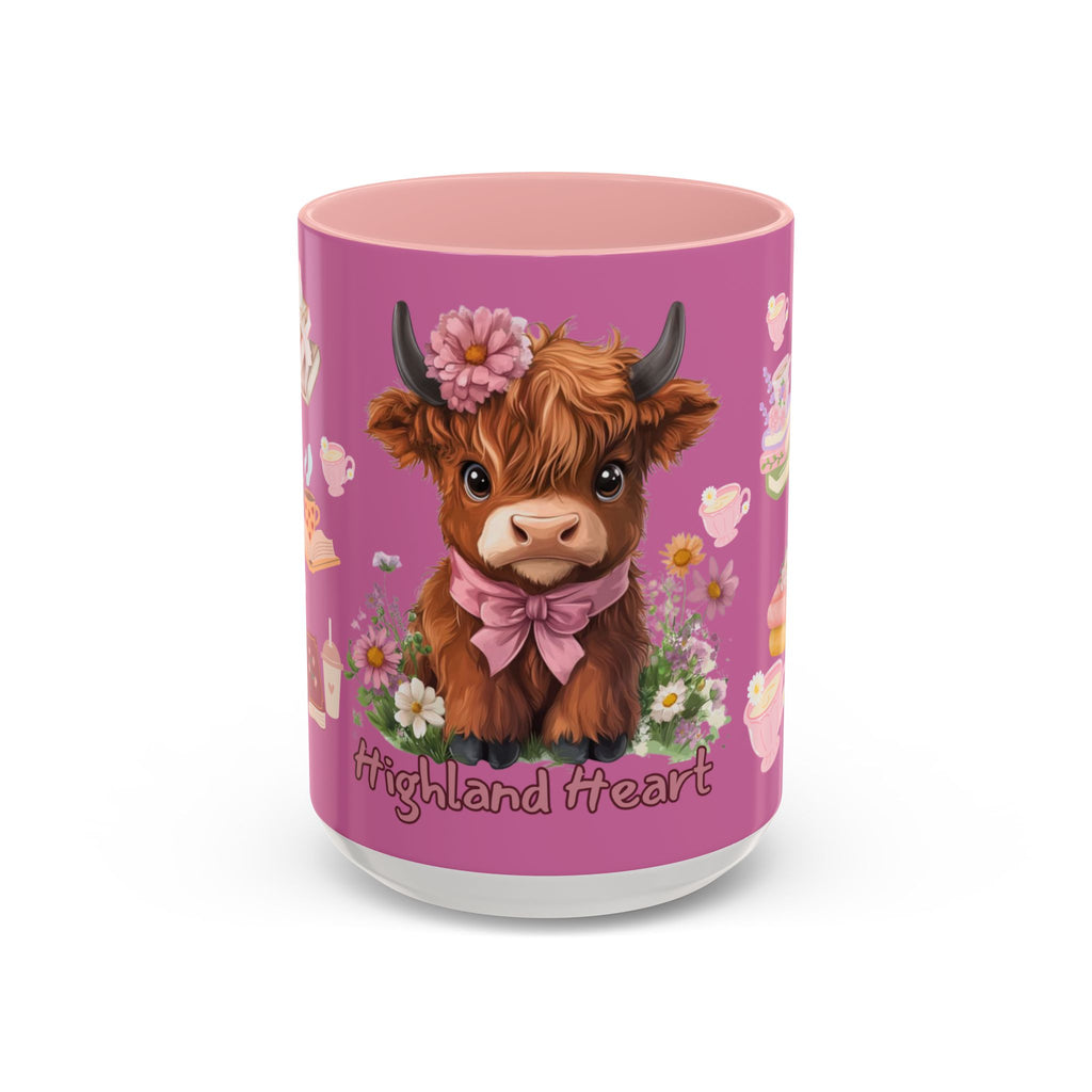 Highland Cow Coffee Mug — Cute Floral Heart Cow Accent Mug (11/15oz)