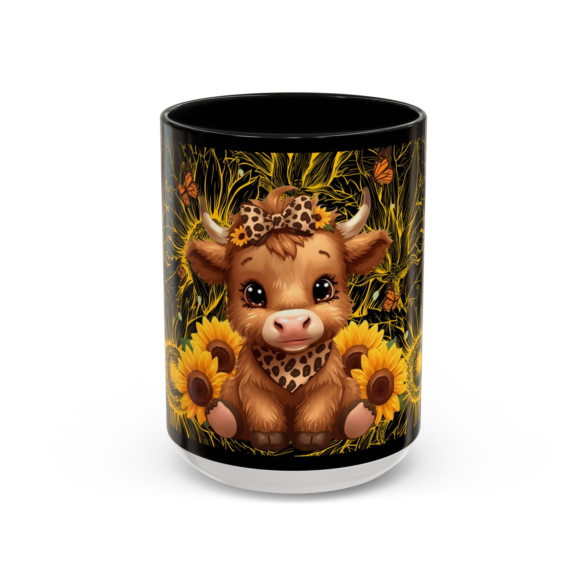 Highland Cow Sunflower Coffee Mug Cute Baby Cow with Sunflowers, Farmhouse Kitchen Gift 11oz and 15oz
