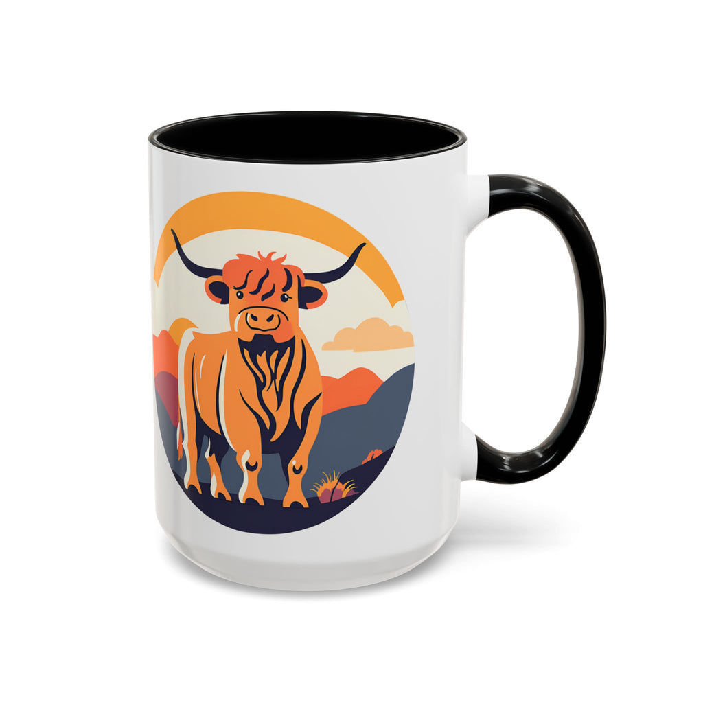 Highland Cow Coffee Mug Retro Sunset Accent 15oz
