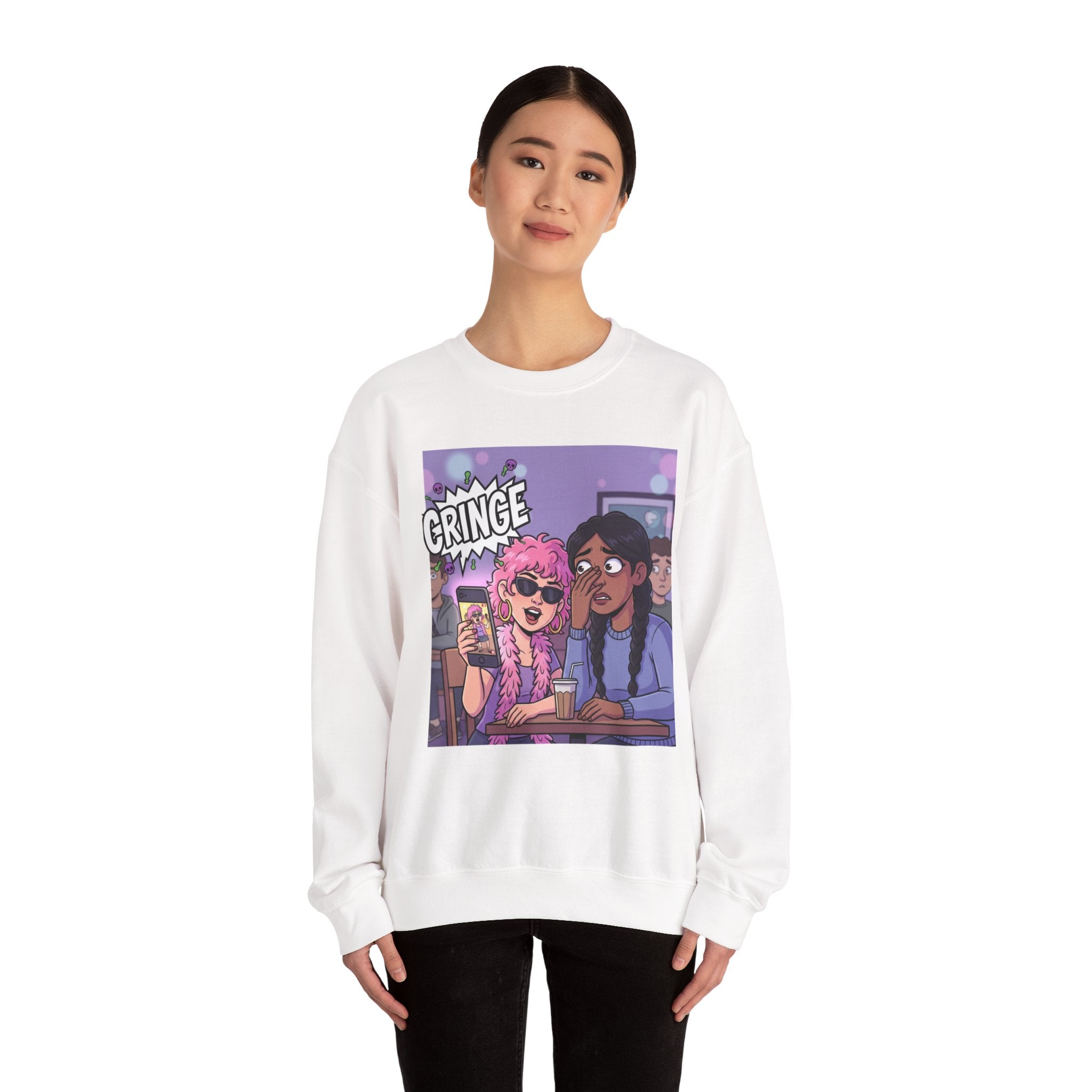 Cringe Friends Illustration Sweatshirt | Cartoon Cafe Scene
