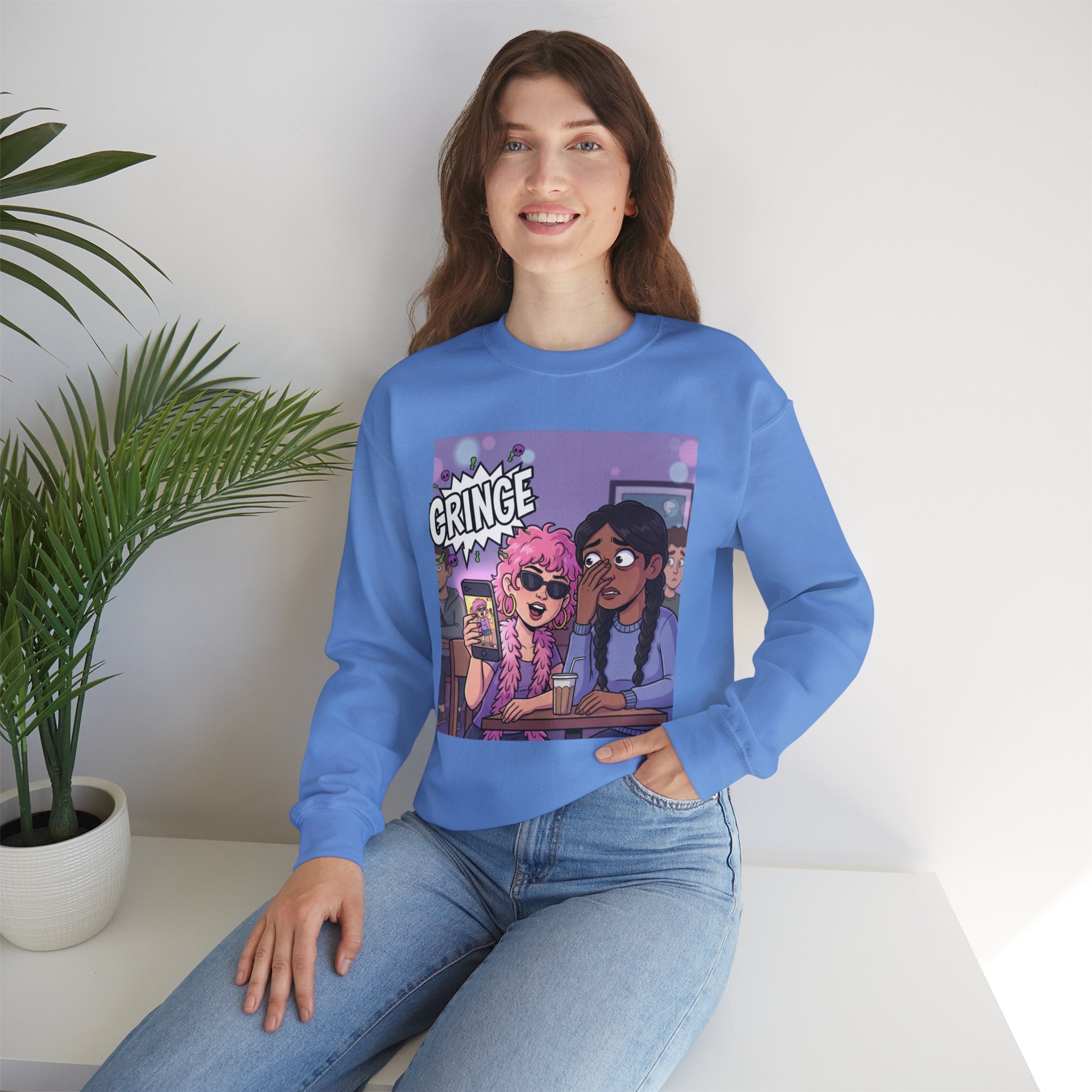 Cringe Friends Illustration Sweatshirt | Cartoon Cafe Scene