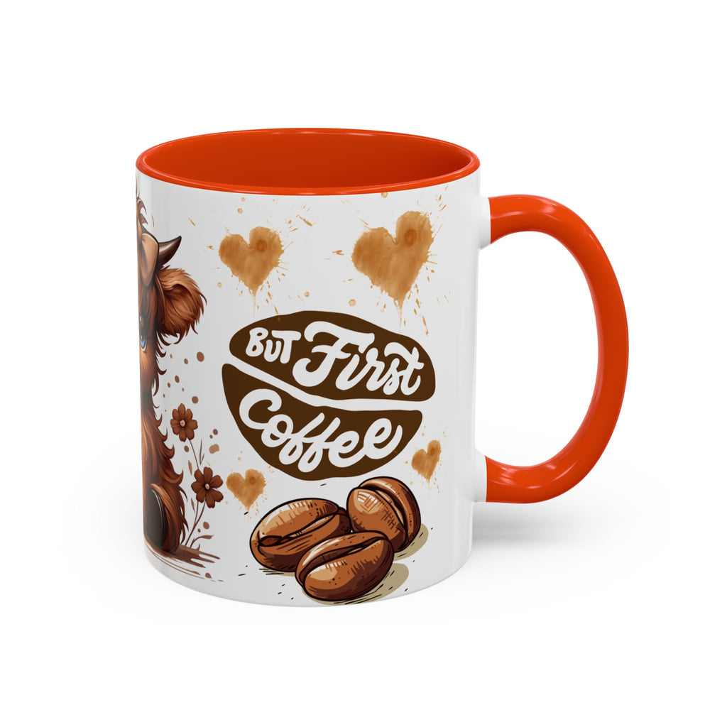 Cute Highland Cow Coffee Mug — "But First Coffee" Colorful Ceramic Mug (11oz/15oz)