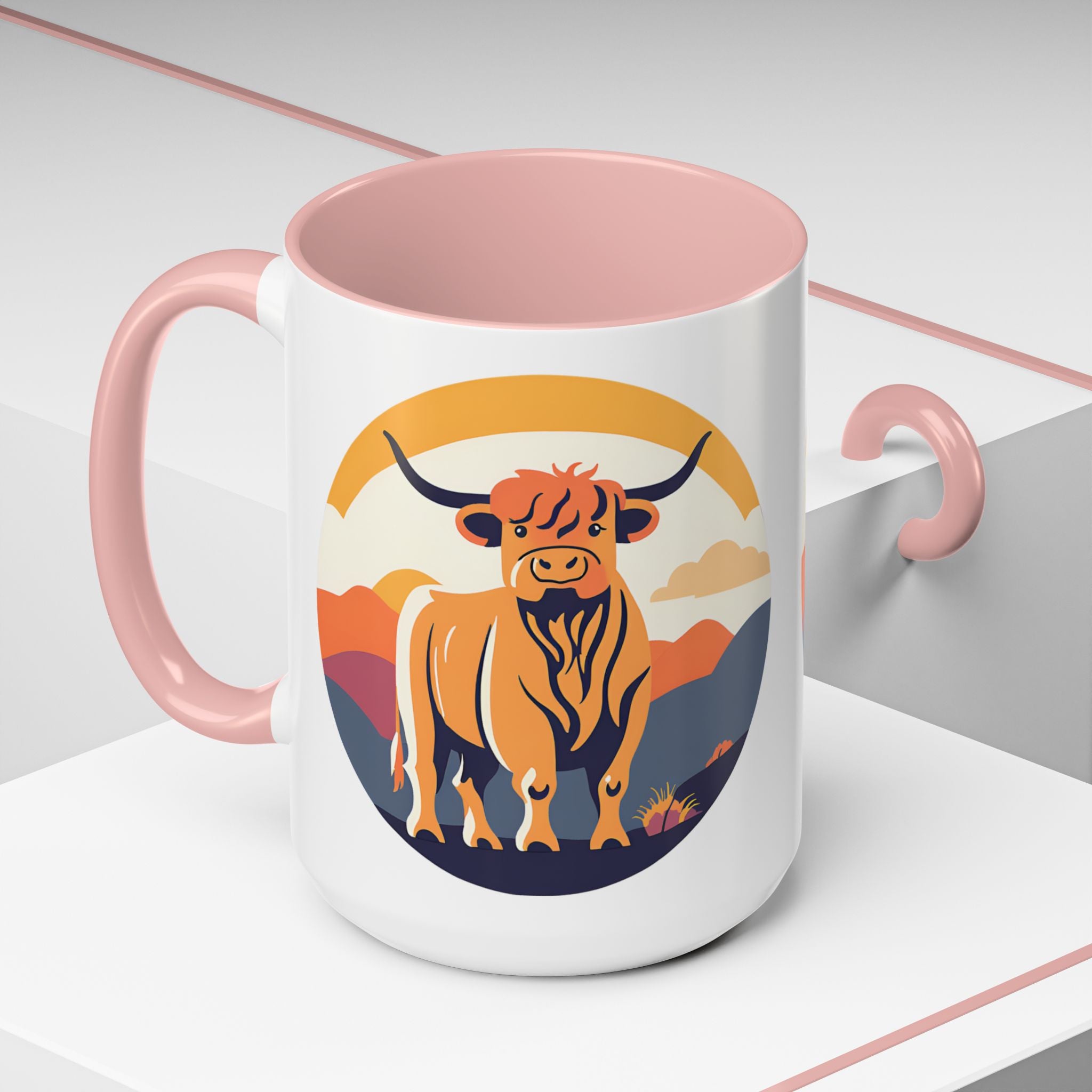 Highland Cow Coffee Mug Retro Sunset Accent 15oz
