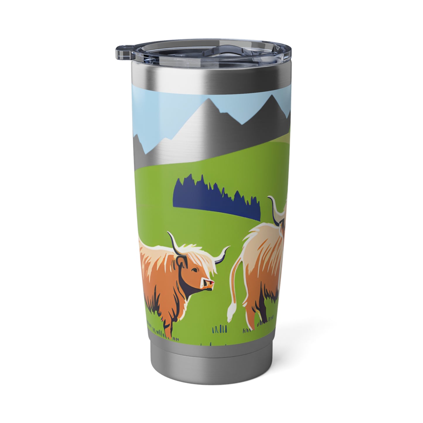 Highland Cow 20oz Tumbler — Insulated Travel Mug with Scenic Mountain Design
