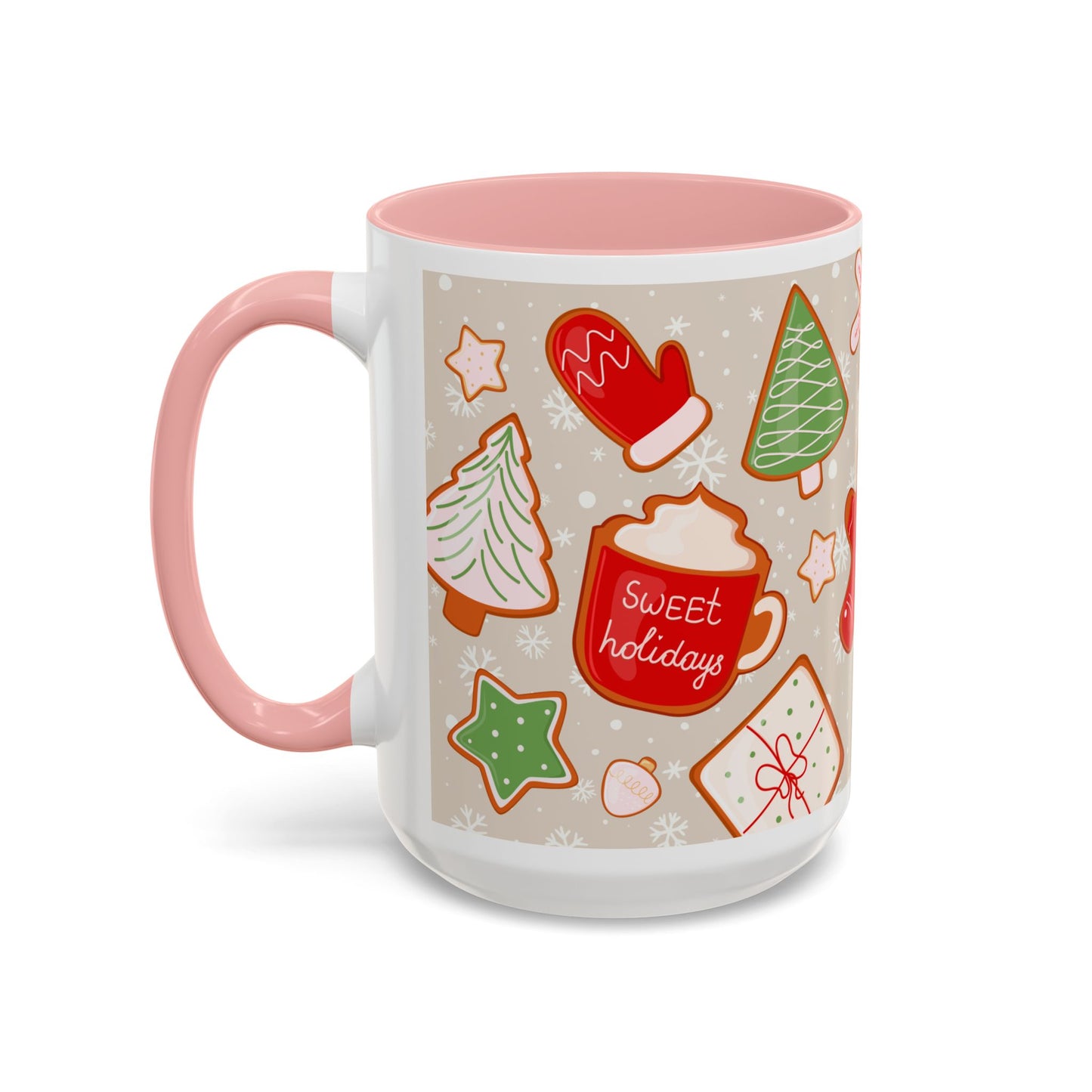 Holiday Cookie Pattern Accent Coffee Mug — Christmas Gingerbread & Ornaments (11/15oz)