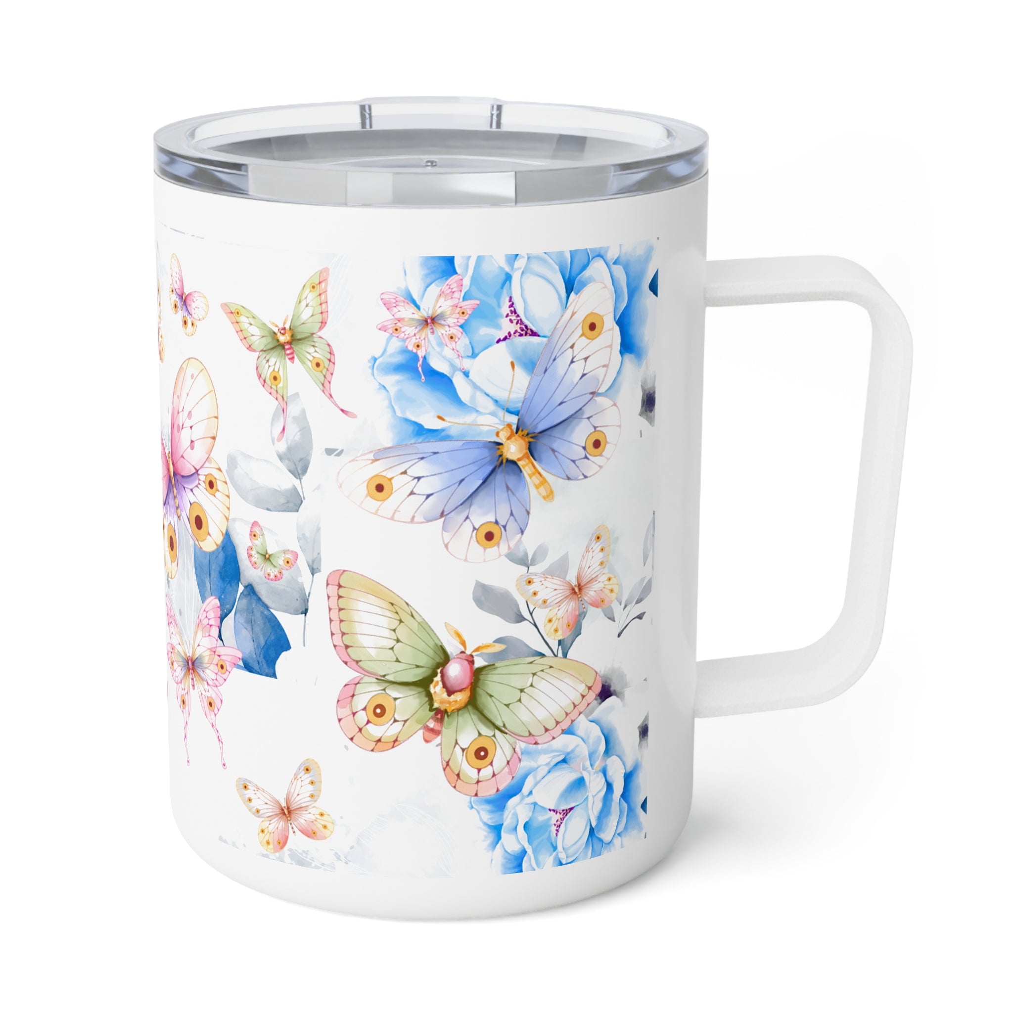 Butterfly Garden 10oz Insulated Coffee Mug — Floral Watercolor Travel Tumbler