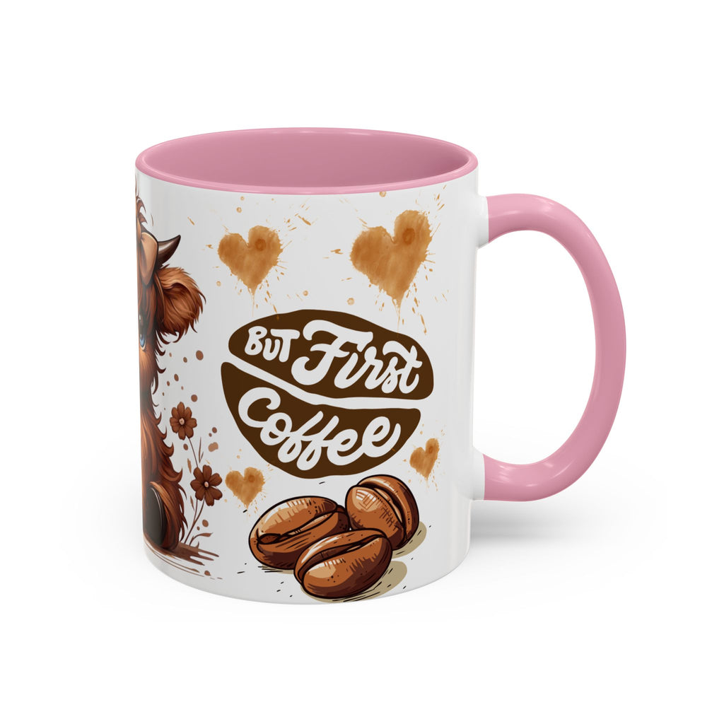 Cute Highland Cow Coffee Mug — "But First Coffee" Colorful Ceramic Mug (11oz/15oz)