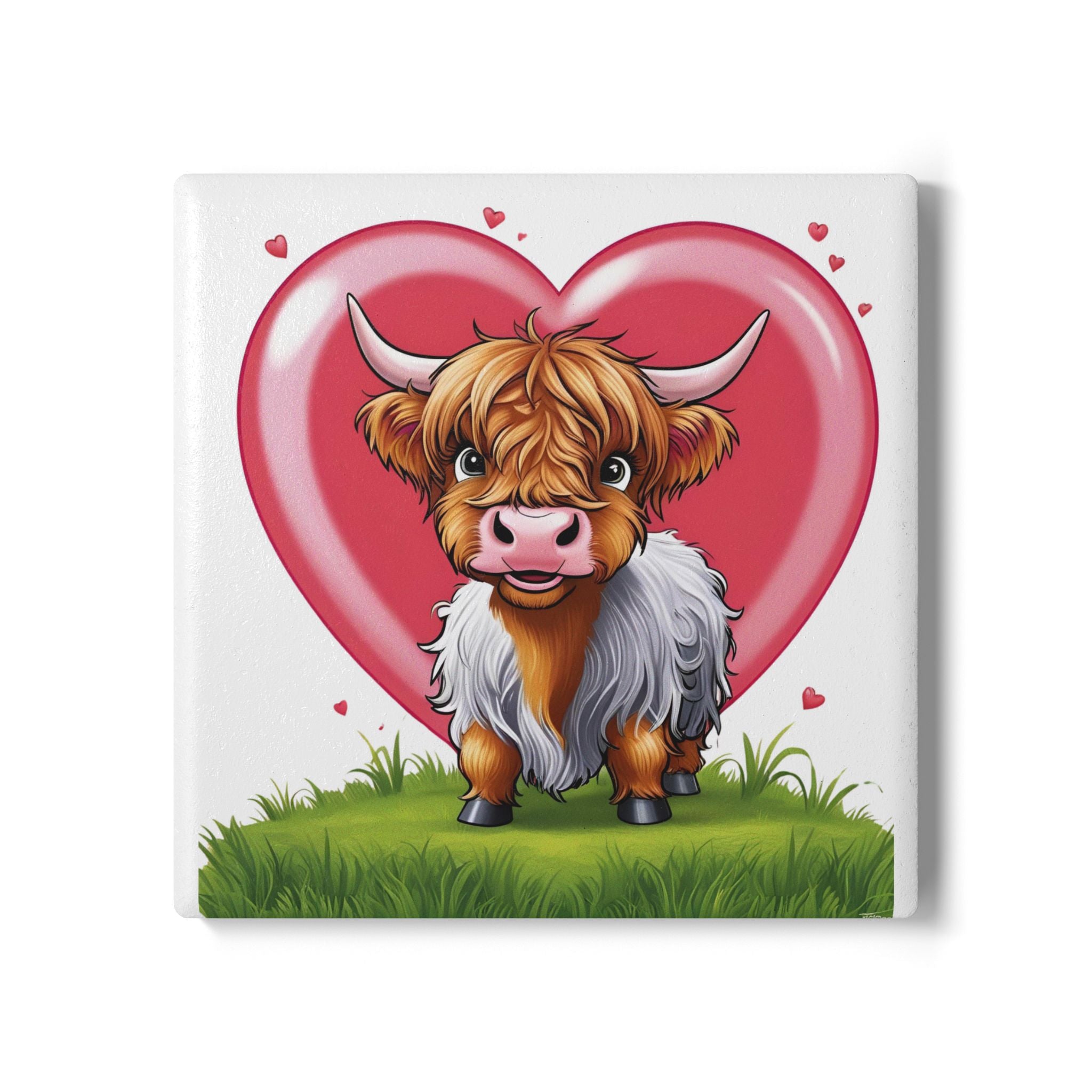 Cute Highland Cow Ceramic Coaster with Heart Design