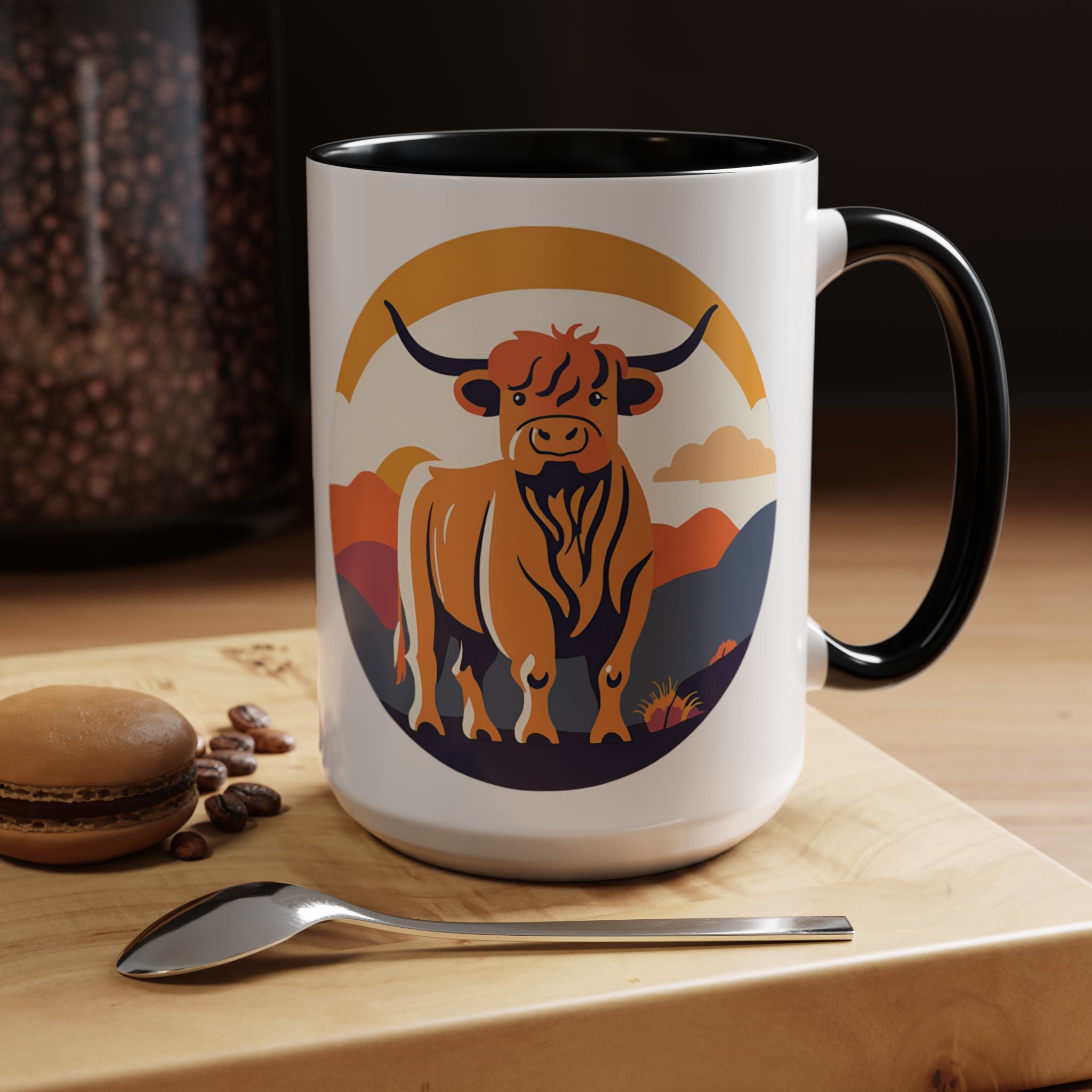 Highland Cow Coffee Mug Retro Sunset Accent 15oz