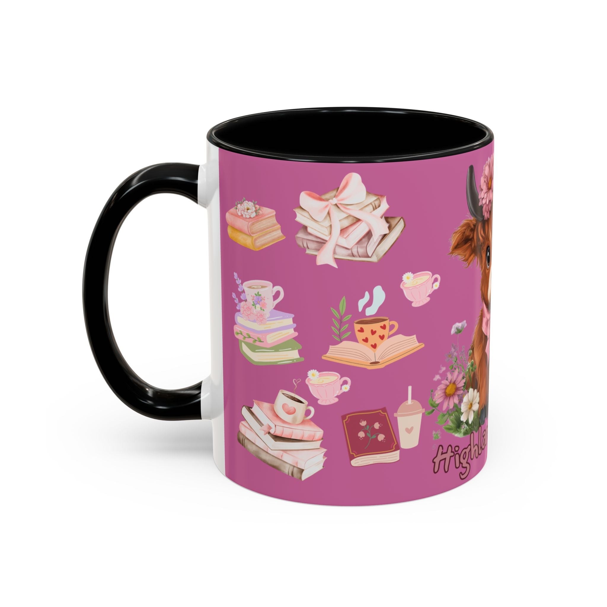 Highland Cow Coffee Mug — Cute Floral Heart Cow Accent Mug (11/15oz)