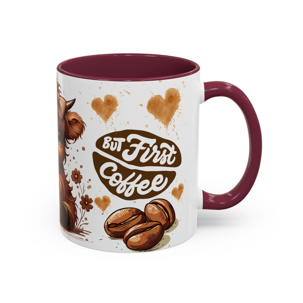 Cute Highland Cow Coffee Mug — "But First Coffee" Colorful Ceramic Mug (11oz/15oz)