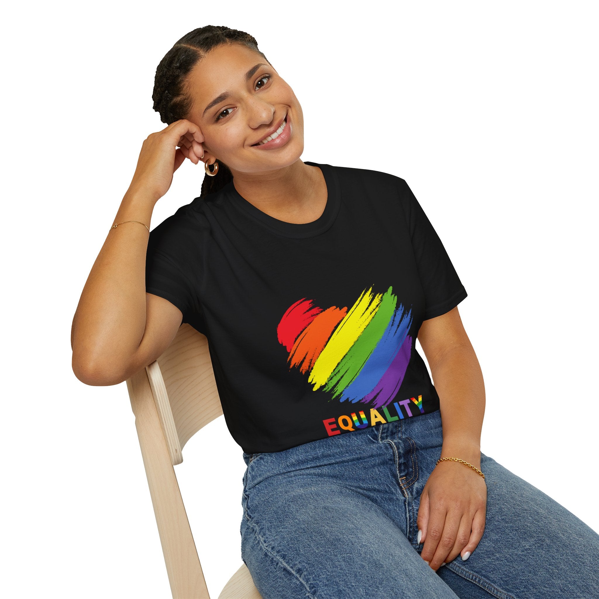 Unisex Equality Pride T-Shirt, LGBTQ+ Apparel, Rainbow Heart Tee, Gift for Allies, Softstyle Anniversary Shirt
