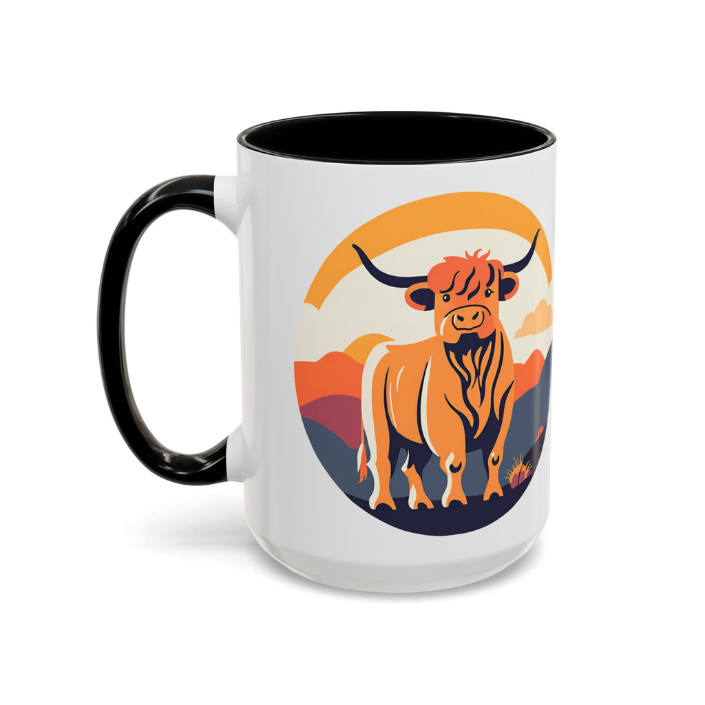 Highland Cow Coffee Mug Retro Sunset Accent 15oz
