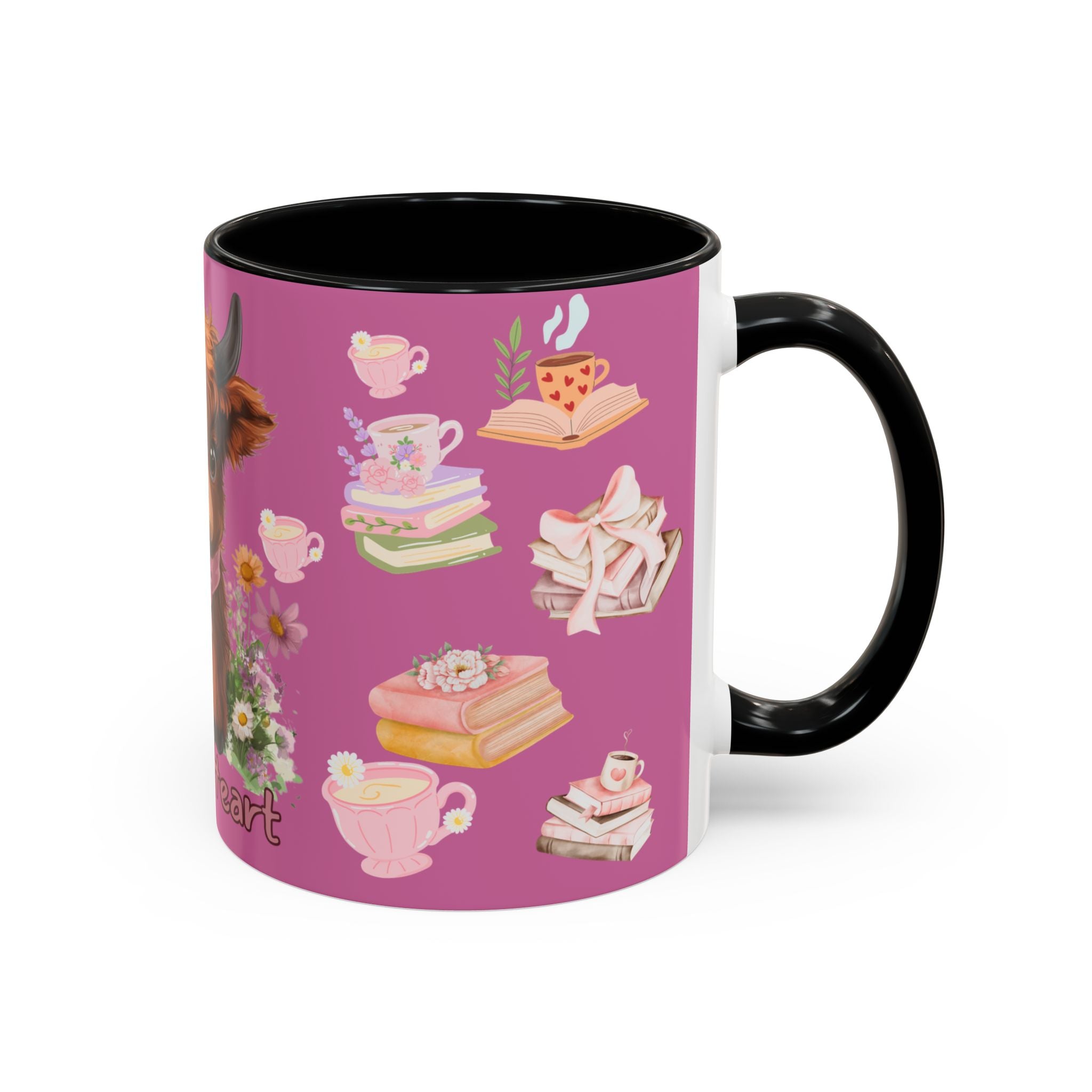 Highland Cow Coffee Mug — Cute Floral Heart Cow Accent Mug (11/15oz)