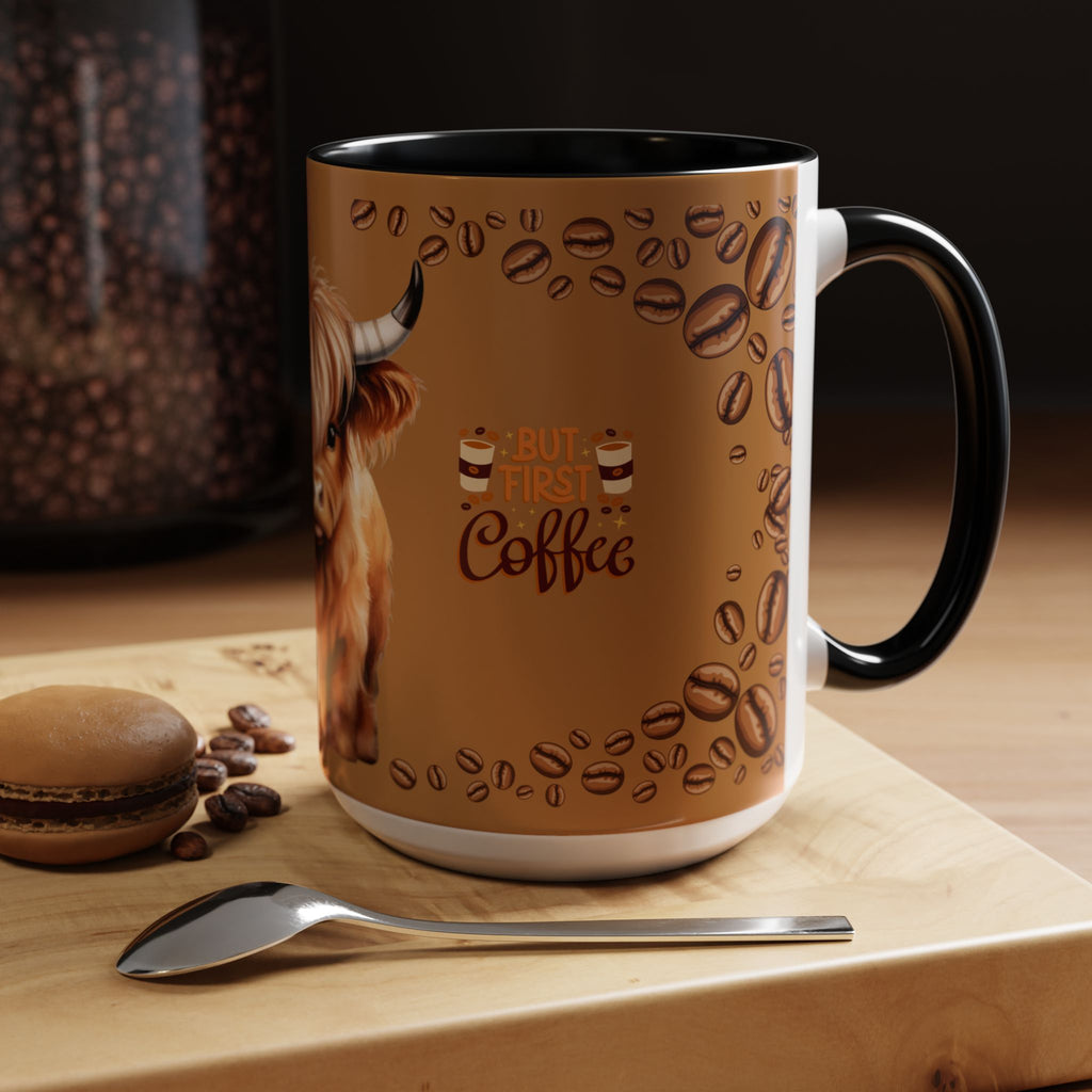 Highland Cow Coffee Mug — 'But First Coffee' Highland Cow Accent Mug (11/15oz)