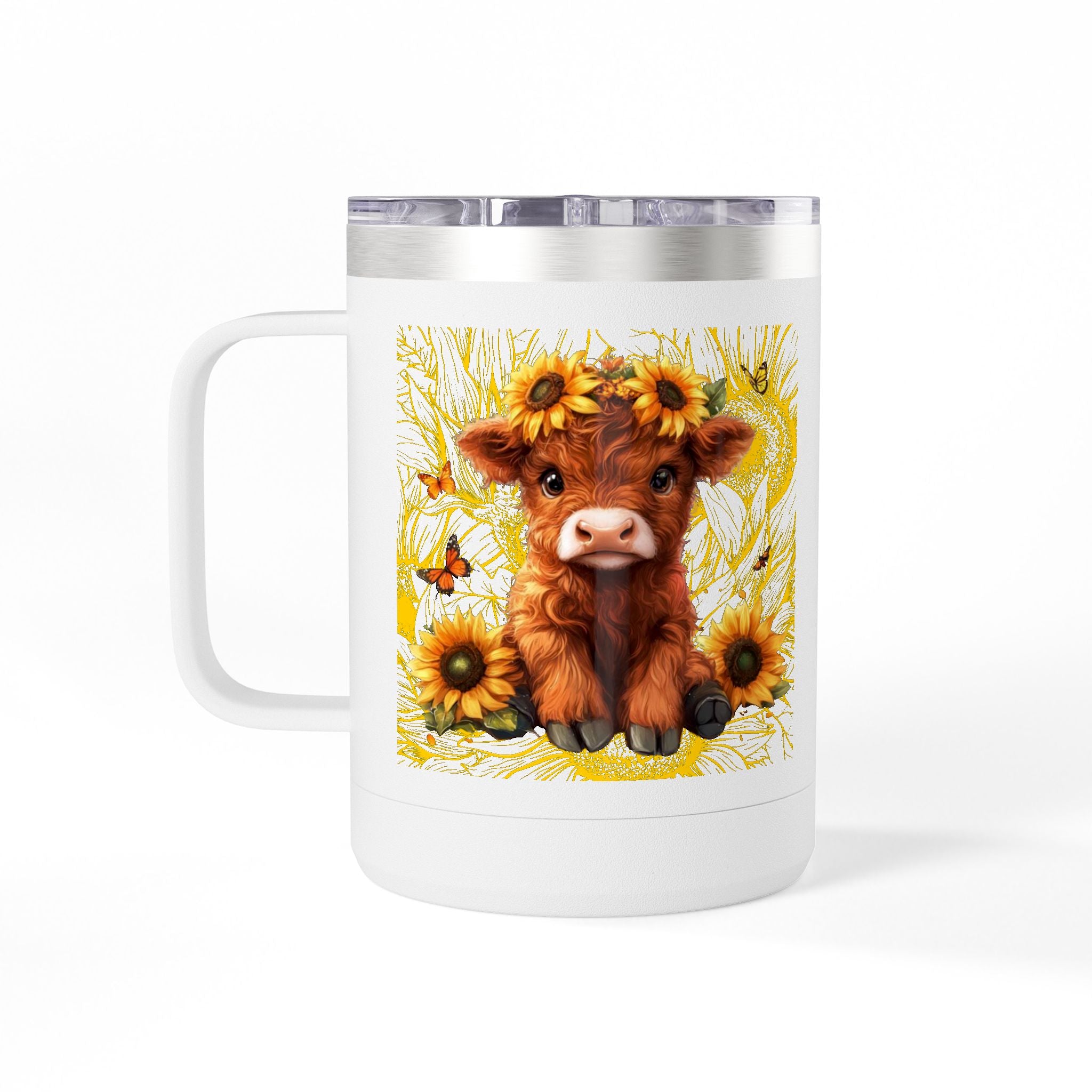Highland Cow Travel Mug - Floral Sunflower Coffee Tumbler 15oz