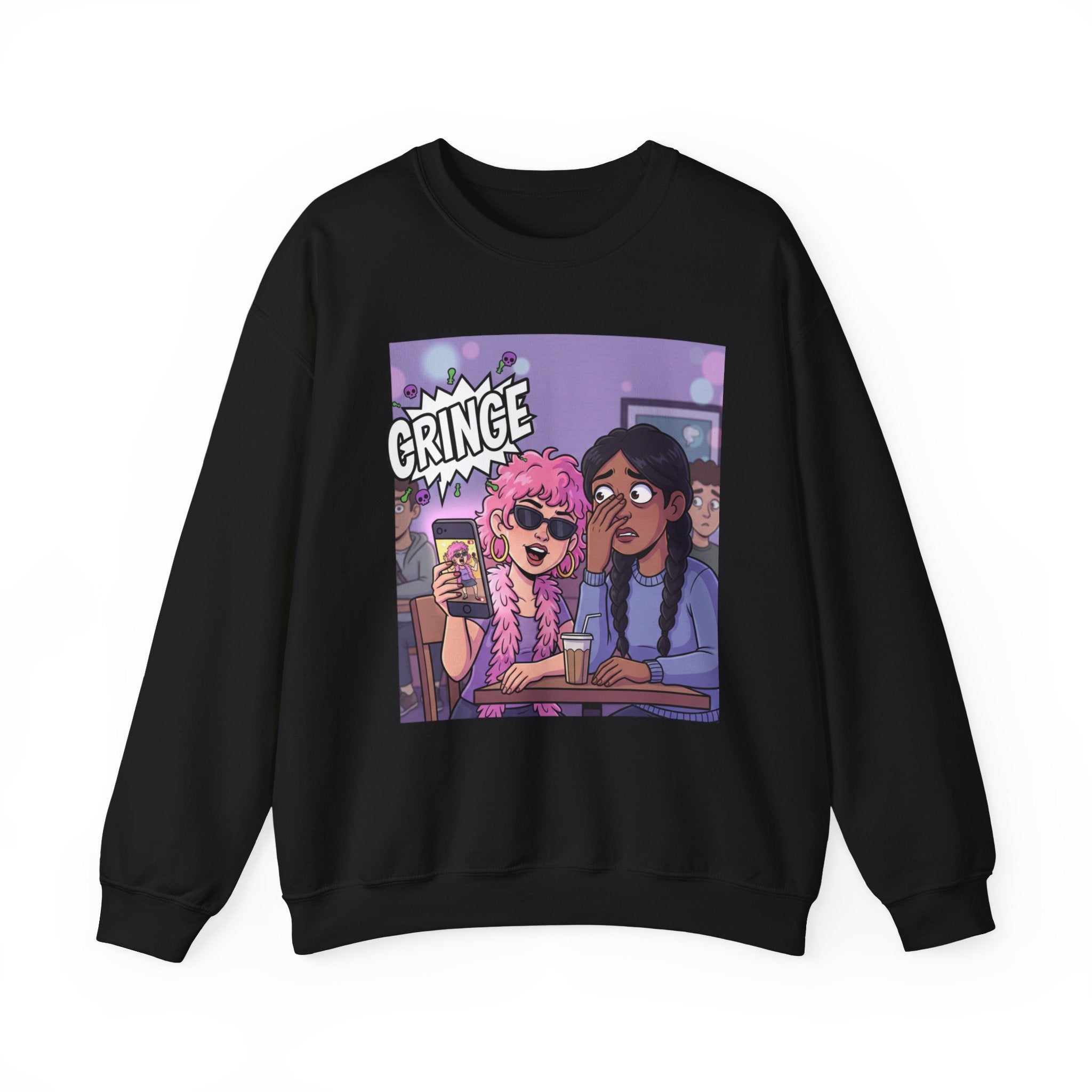 Cringe Friends Illustration Sweatshirt | Cartoon Cafe Scene