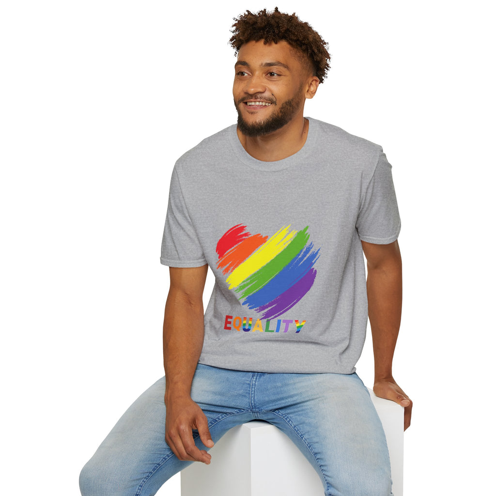 Unisex Equality Pride T-Shirt, LGBTQ+ Apparel, Rainbow Heart Tee, Gift for Allies, Softstyle Anniversary Shirt