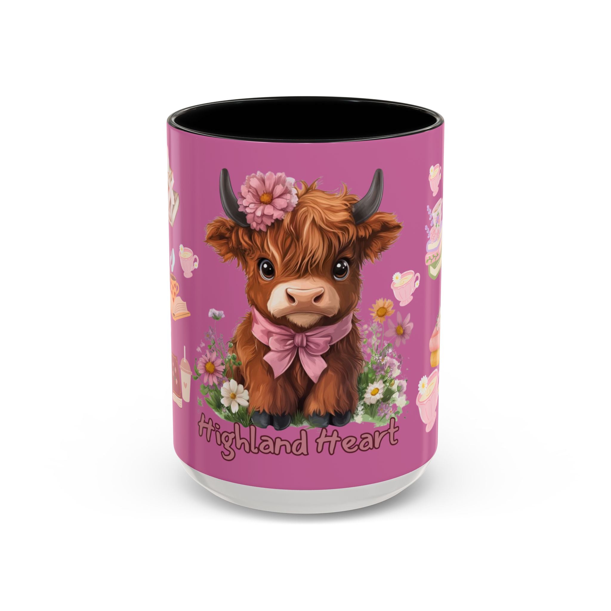Highland Cow Coffee Mug — Cute Floral Heart Cow Accent Mug (11/15oz)