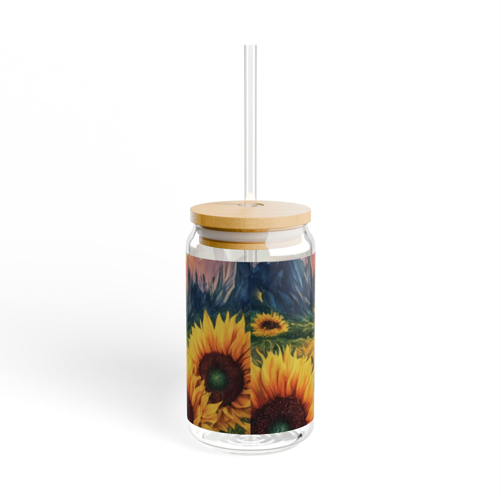 Glass Cup with Straw Sunflower Sunset Theme Sipper Glass, 16oz
