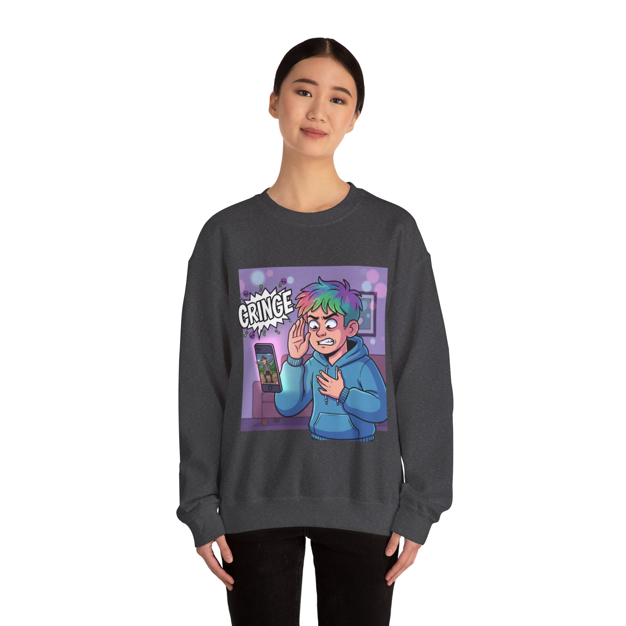 Cringe Reaction Cartoon Boy Sweatshirt | Funny Phone Call Illustration