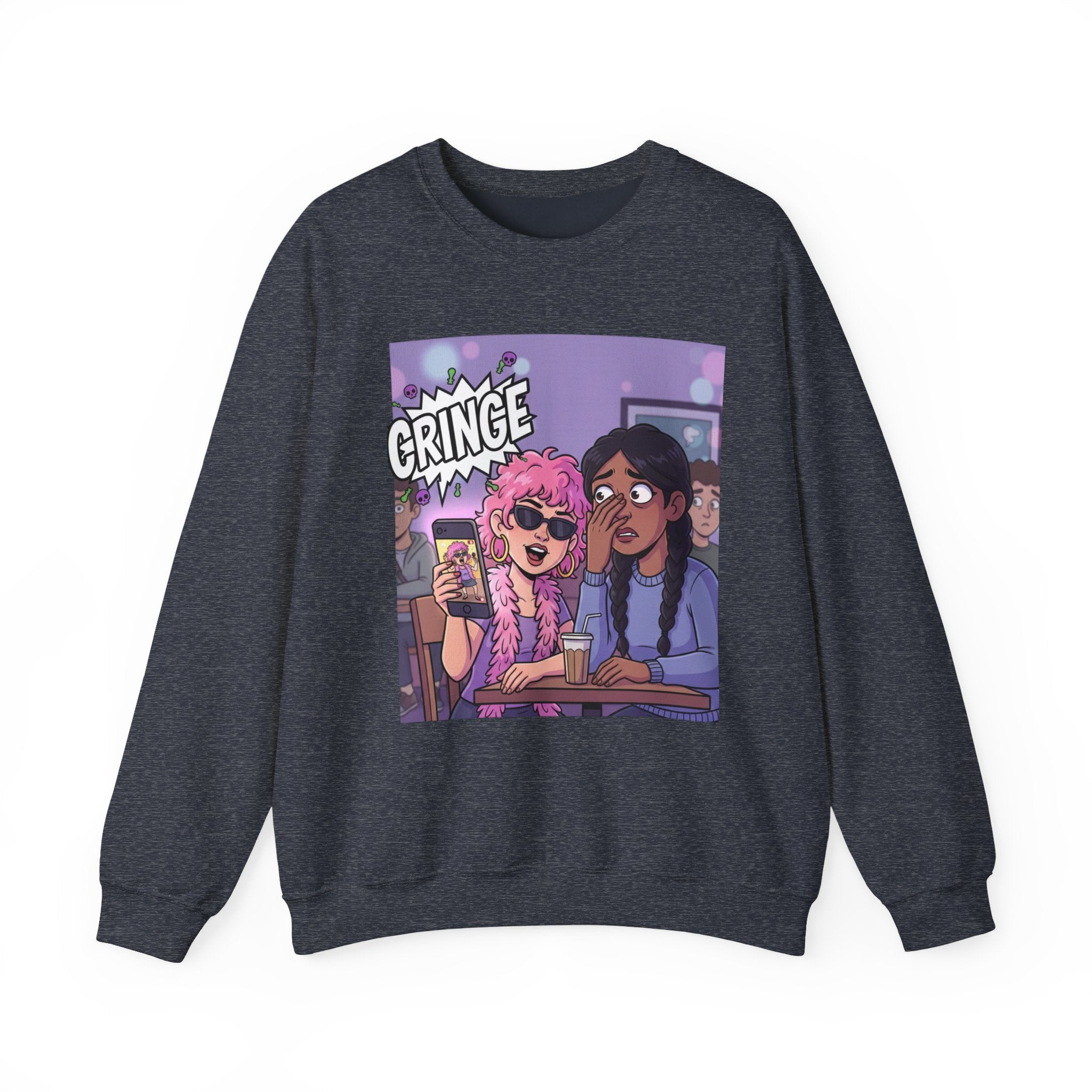 Cringe Friends Illustration Sweatshirt | Cartoon Cafe Scene