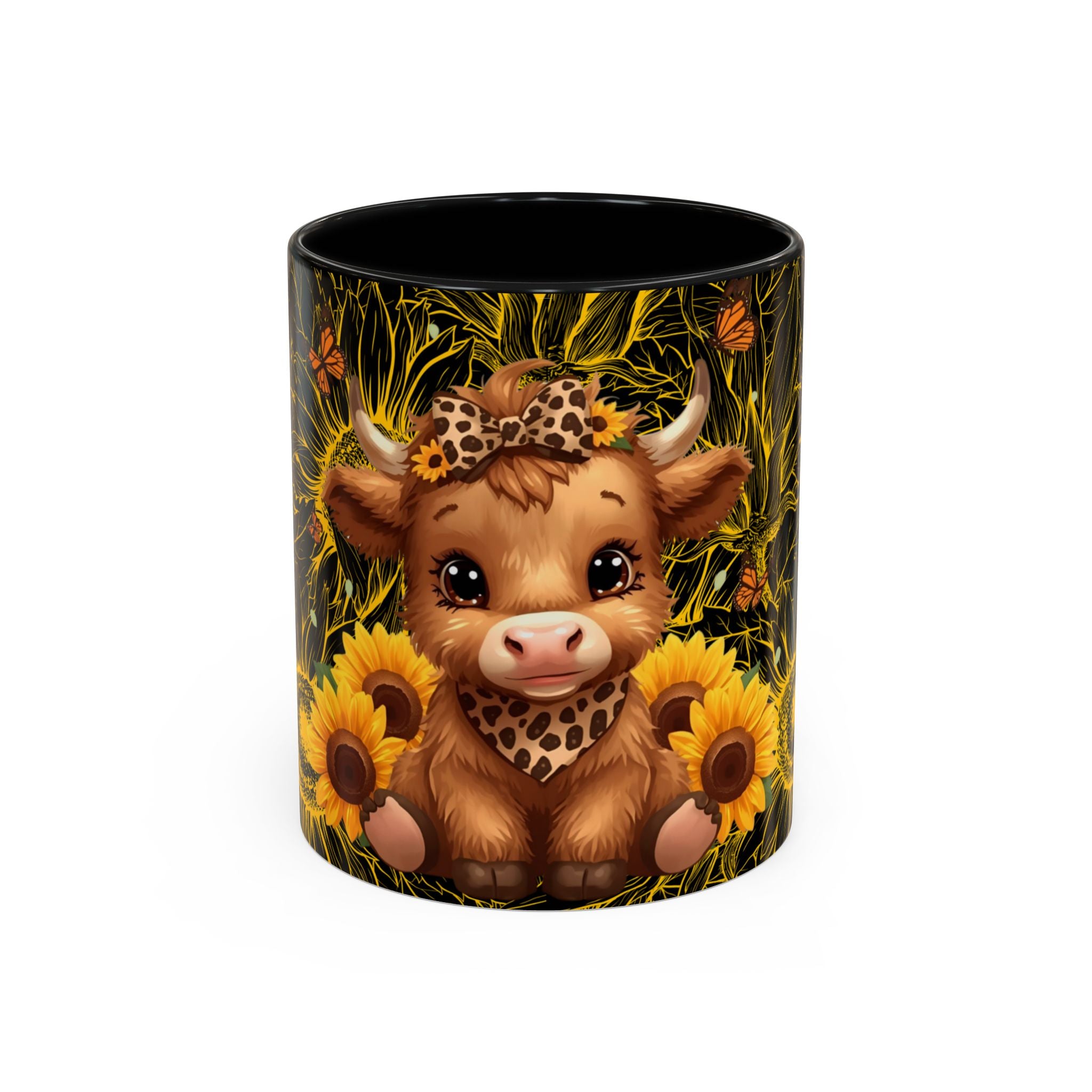 Highland Cow Sunflower Coffee Mug Cute Baby Cow with Sunflowers, Farmhouse Kitchen Gift 11oz and 15oz