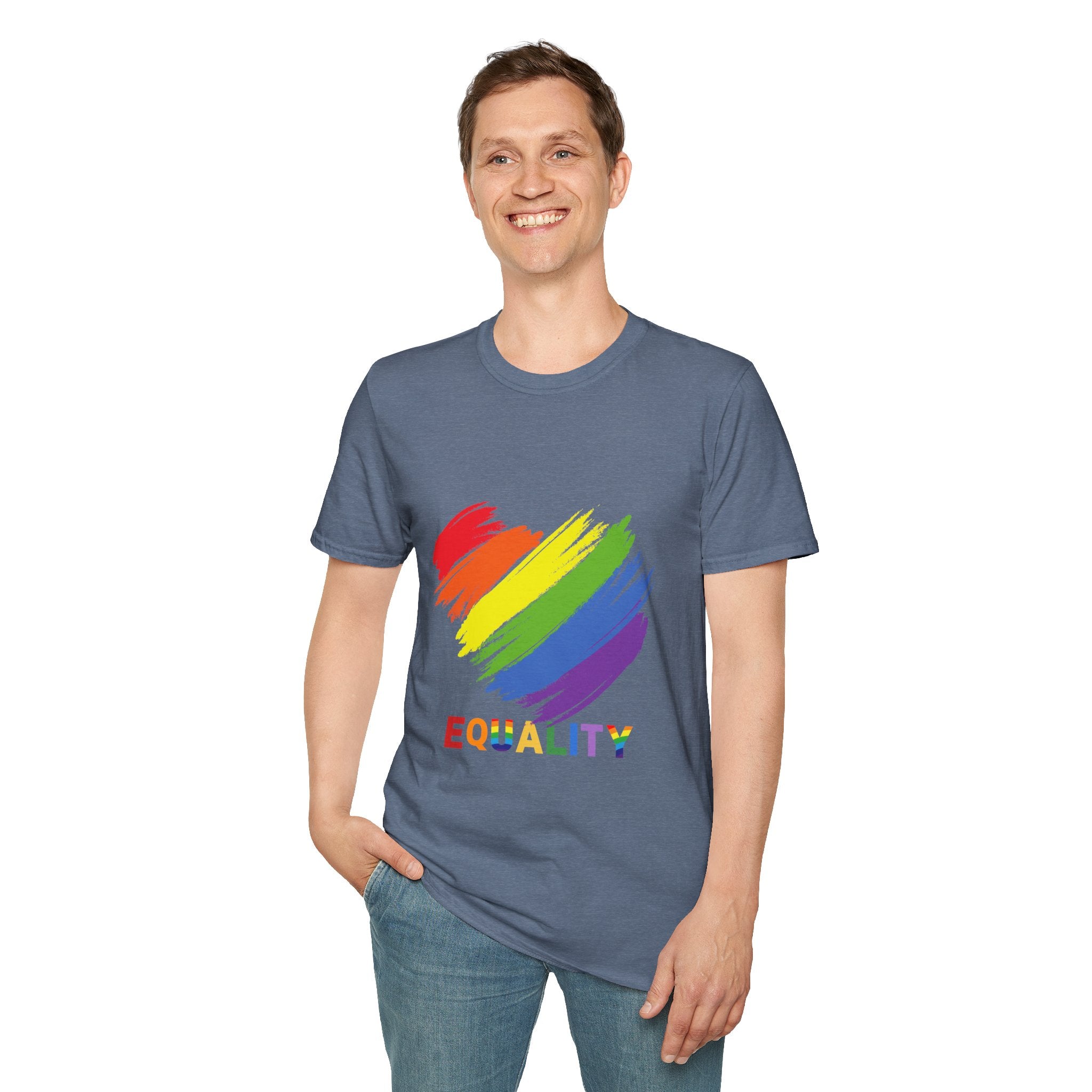 Unisex Equality Pride T-Shirt, LGBTQ+ Apparel, Rainbow Heart Tee, Gift for Allies, Softstyle Anniversary Shirt