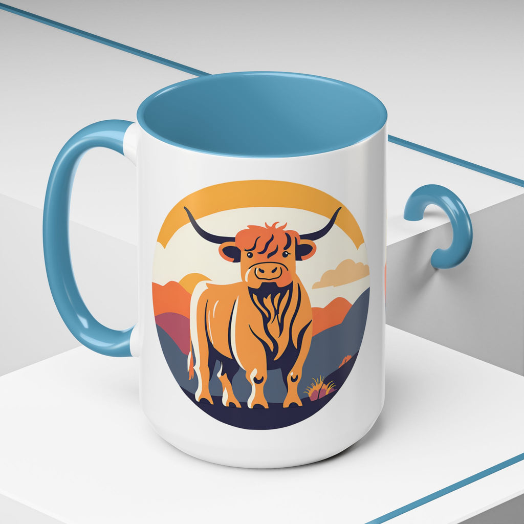 Highland Cow Coffee Mug Retro Sunset Accent 15oz