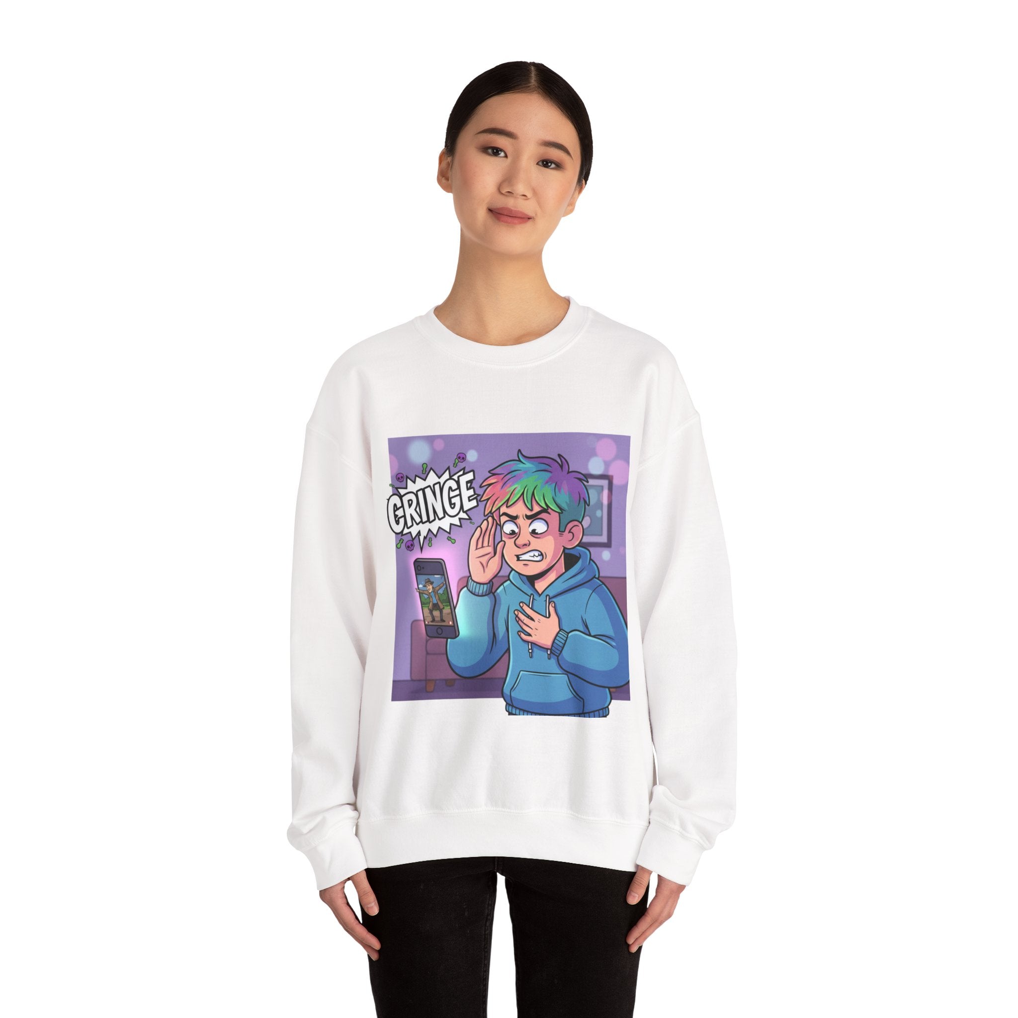 Cringe Reaction Cartoon Boy Sweatshirt | Funny Phone Call Illustration