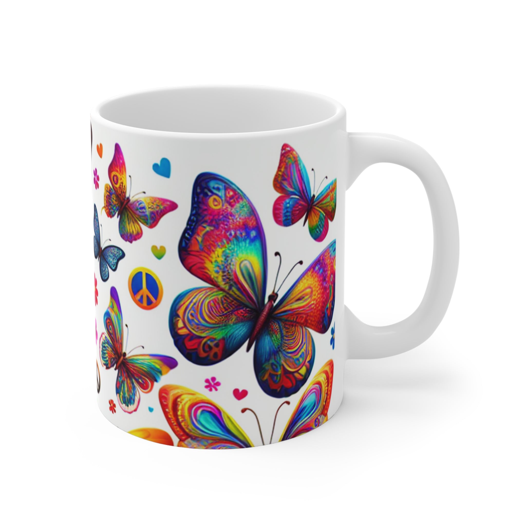 Colorful Butterfly Mug, Bohemian Coffee Cup, Peace and Love Gift, Nature Lover's Mug, Vibrant Tea Mug for Birthdays