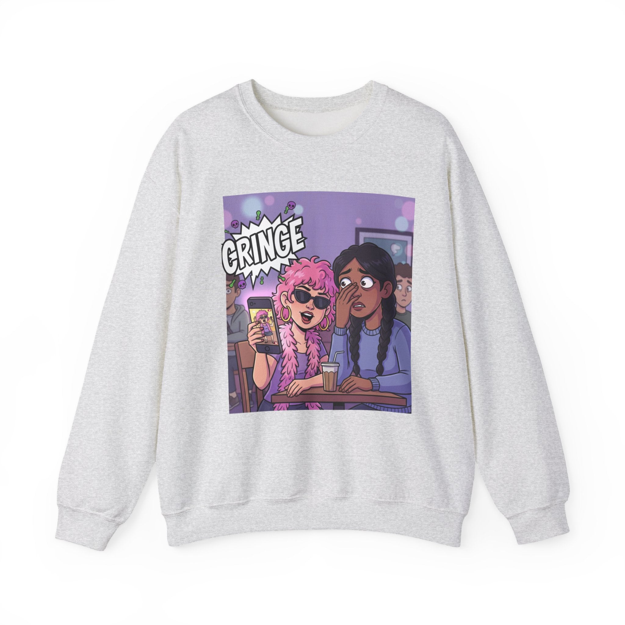 Cringe Friends Illustration Sweatshirt | Cartoon Cafe Scene