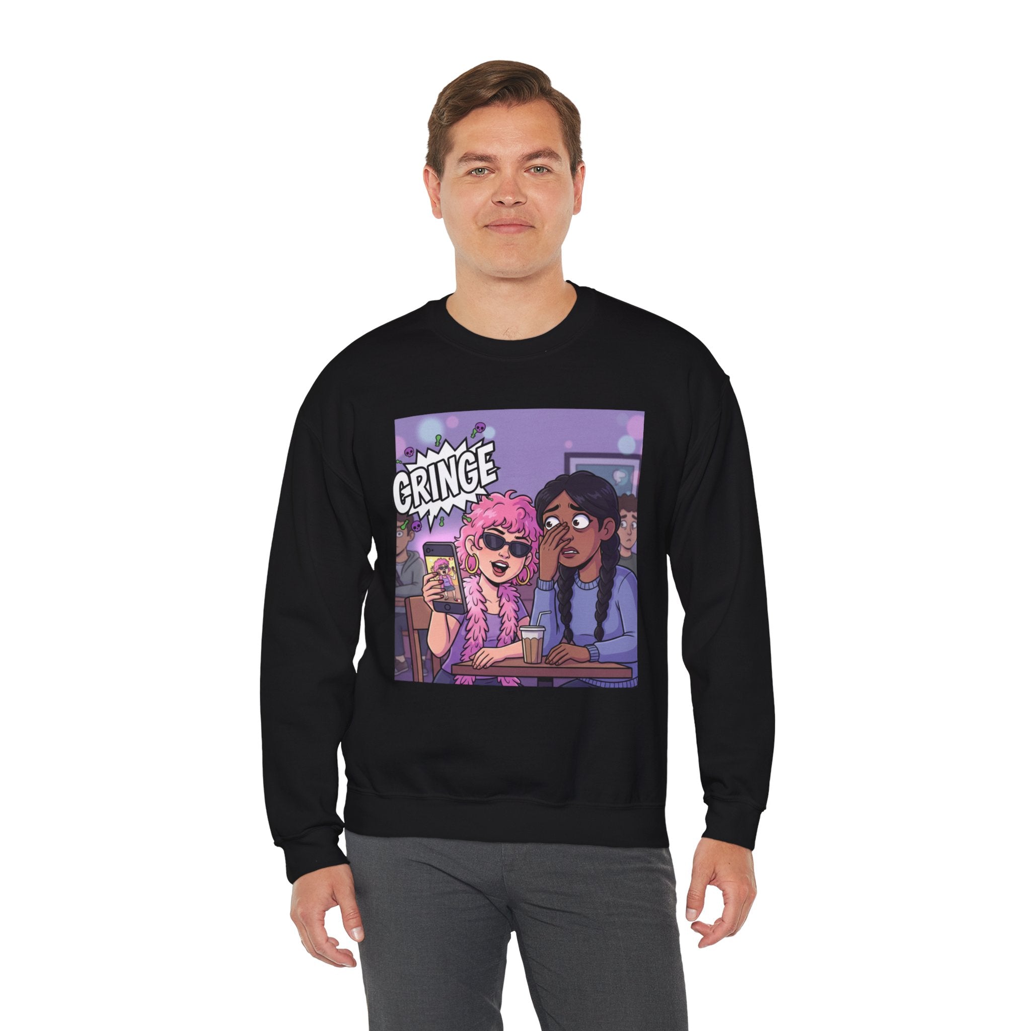 Cringe Friends Illustration Sweatshirt | Cartoon Cafe Scene