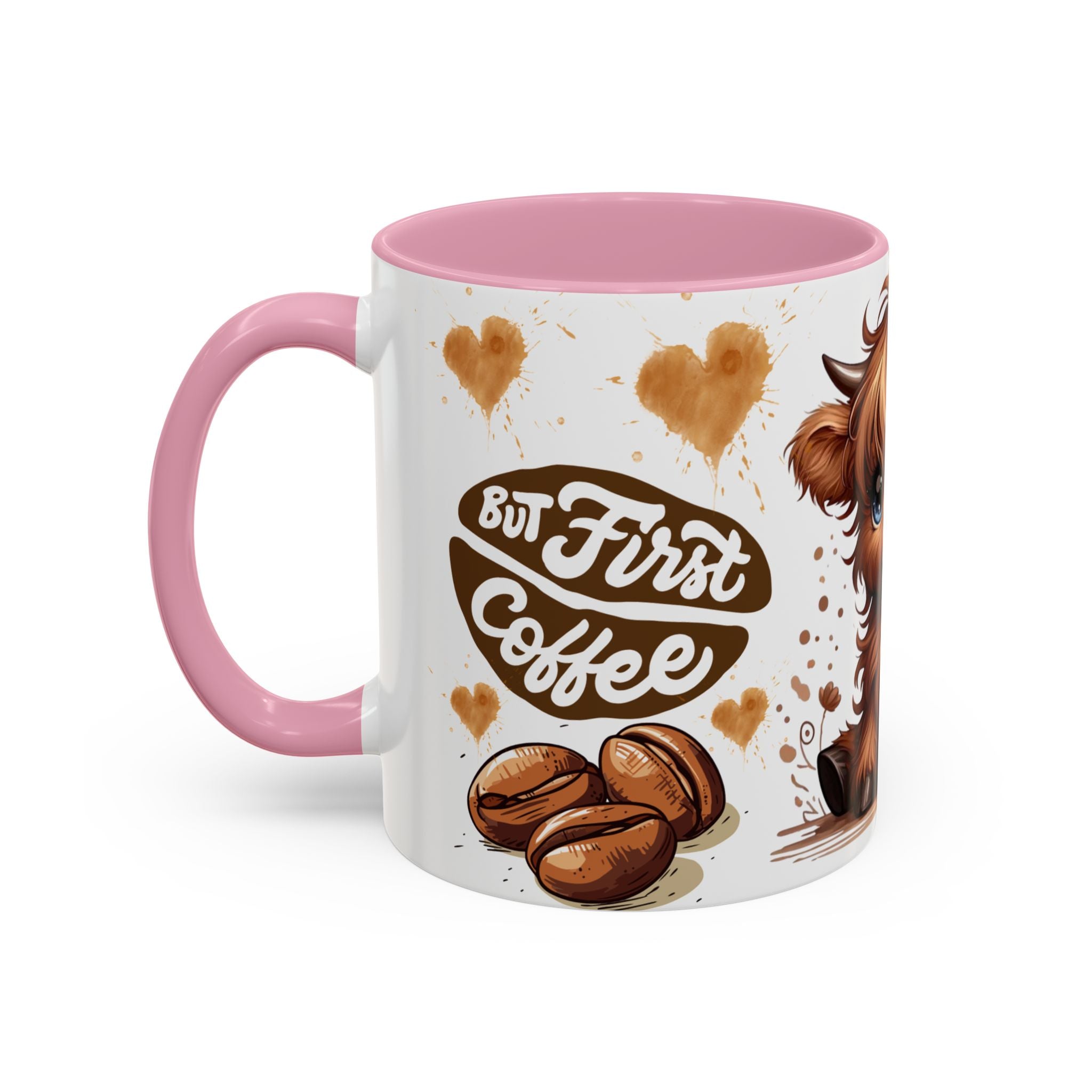 Cute Highland Cow Coffee Mug — "But First Coffee" Colorful Ceramic Mug (11oz/15oz)