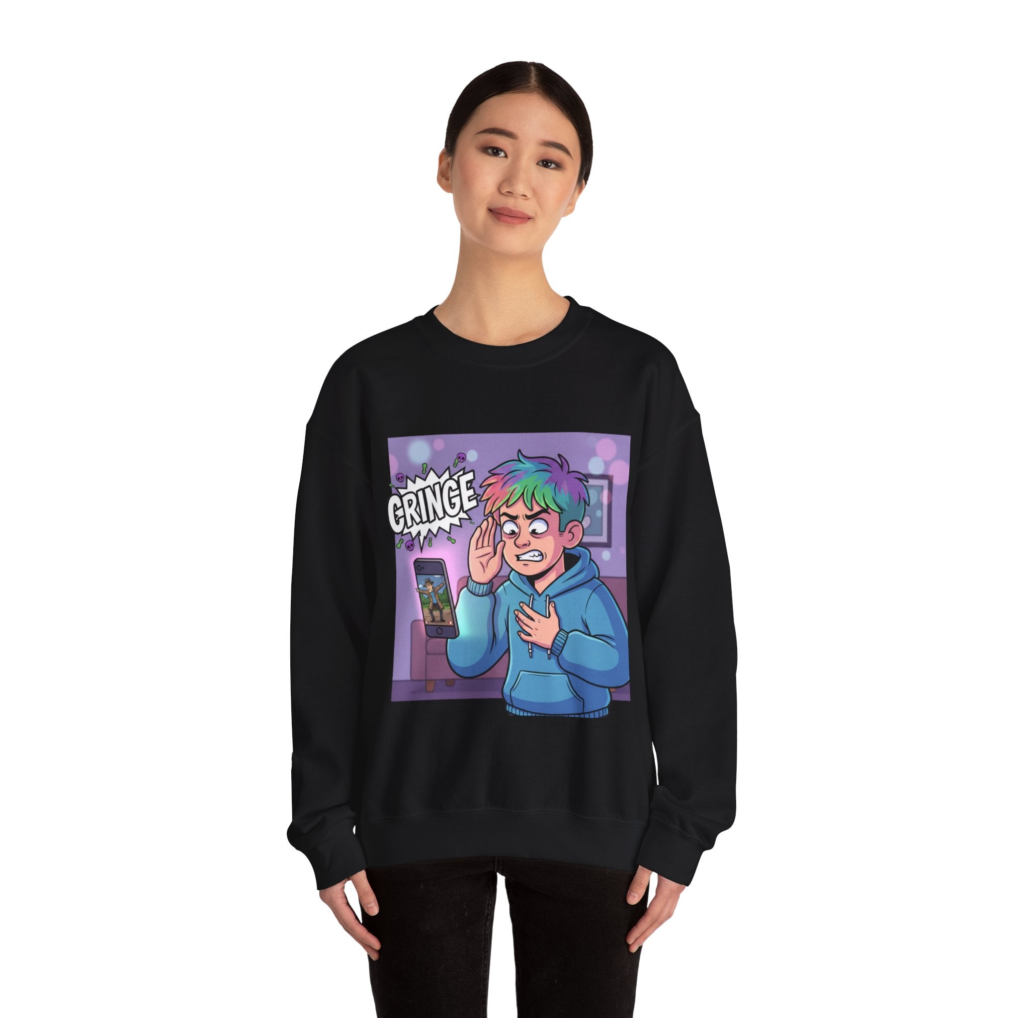 Cringe Reaction Cartoon Boy Sweatshirt | Funny Phone Call Illustration