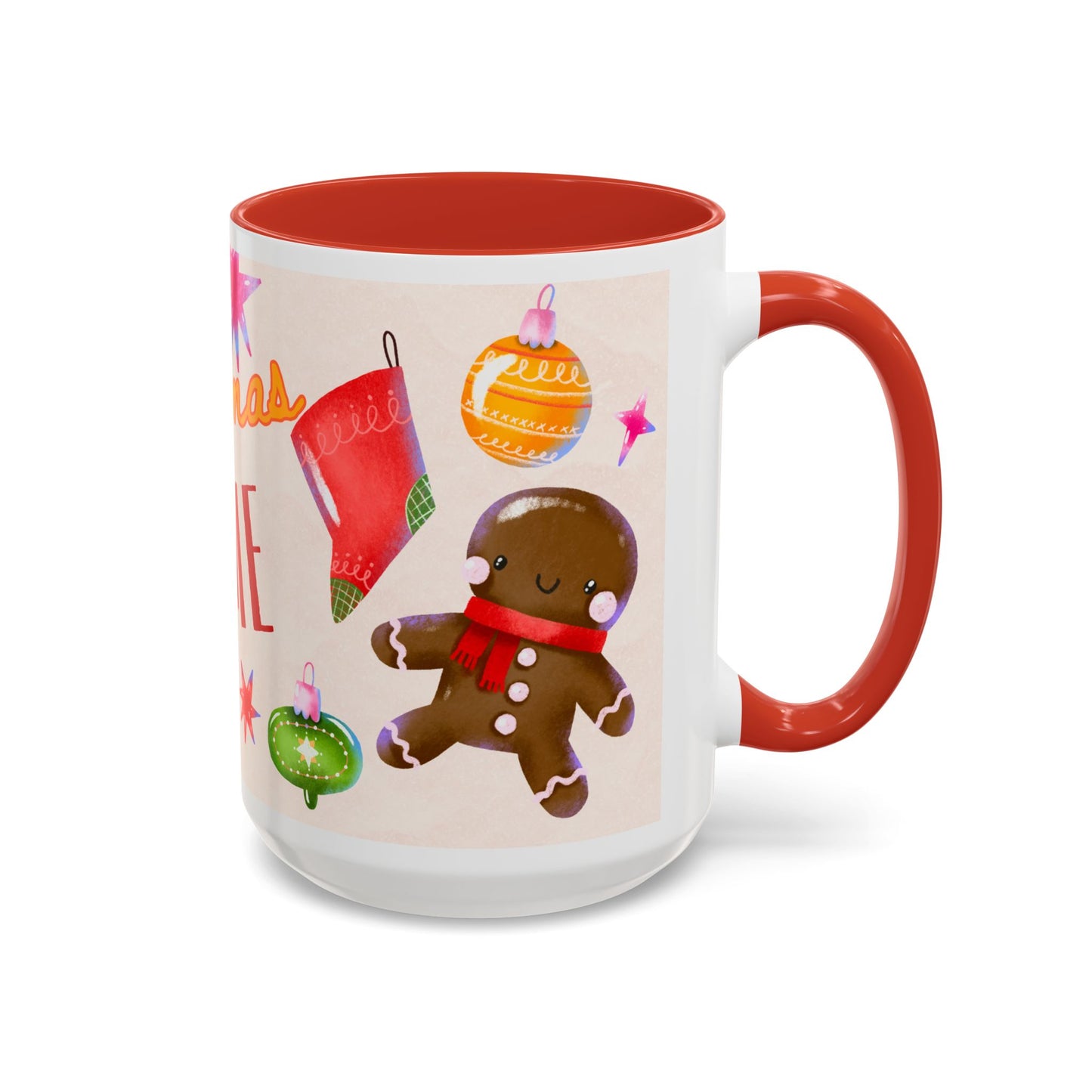 Christmas Time Accent Coffee Mug — Festive Gingerbread & Ornaments Holiday Mug (11/15 oz)