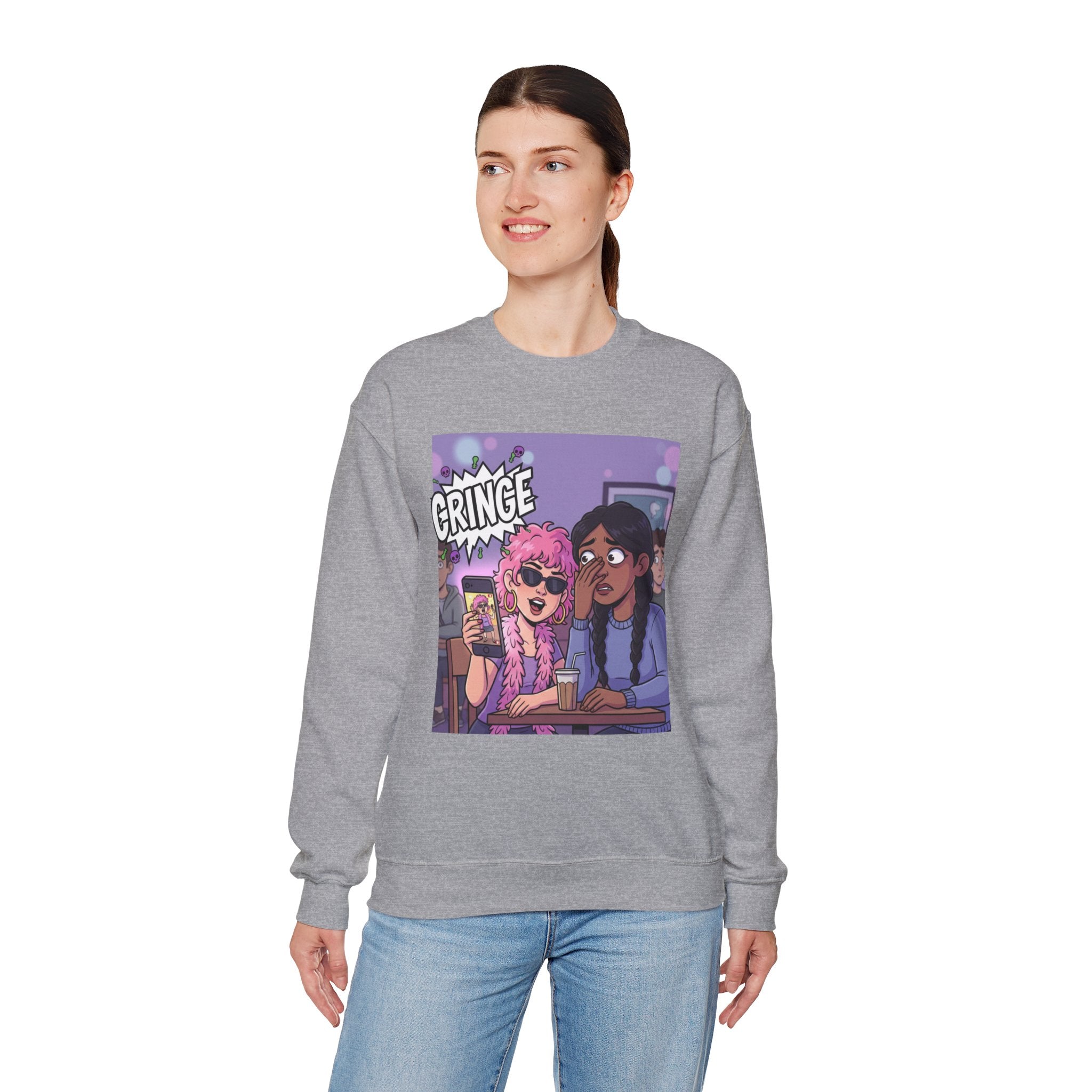 Cringe Friends Illustration Sweatshirt | Cartoon Cafe Scene