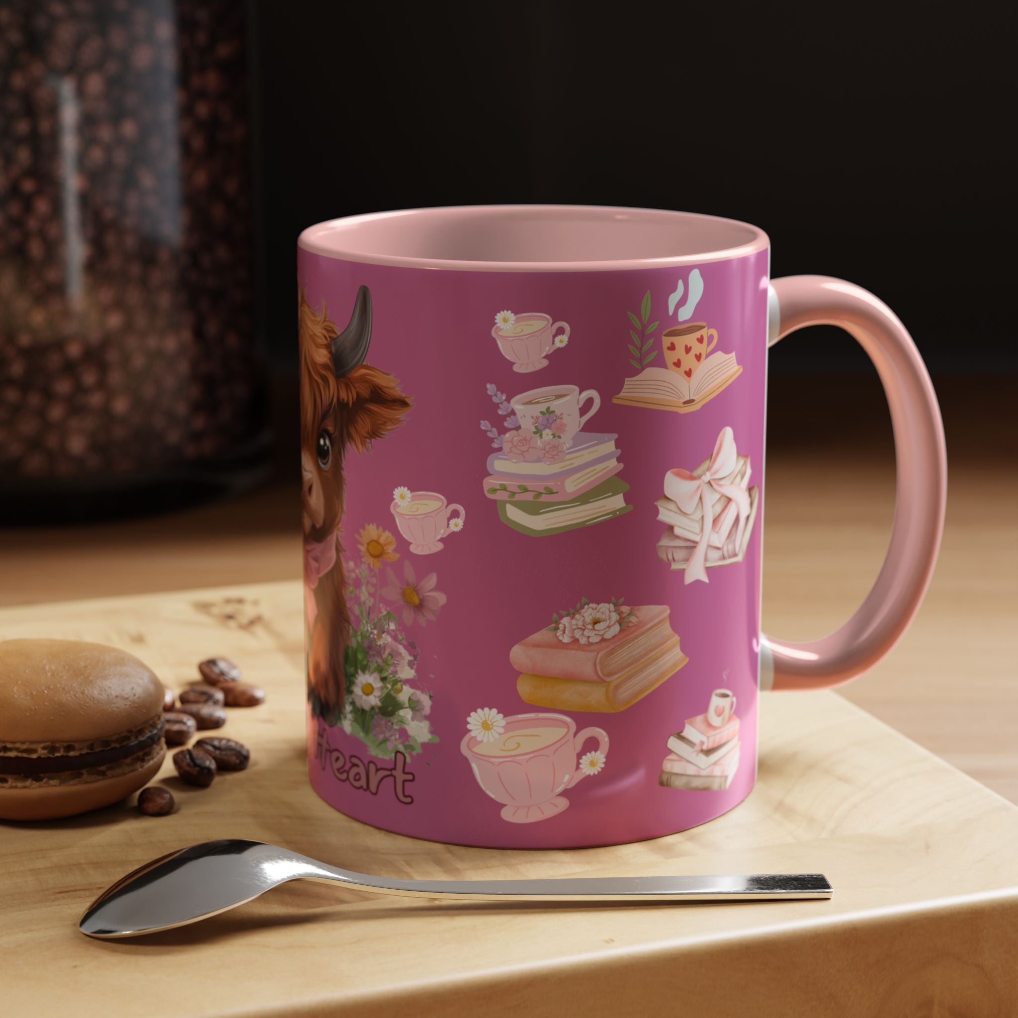 Highland Cow Coffee Mug — Cute Floral Heart Cow Accent Mug (11/15oz)