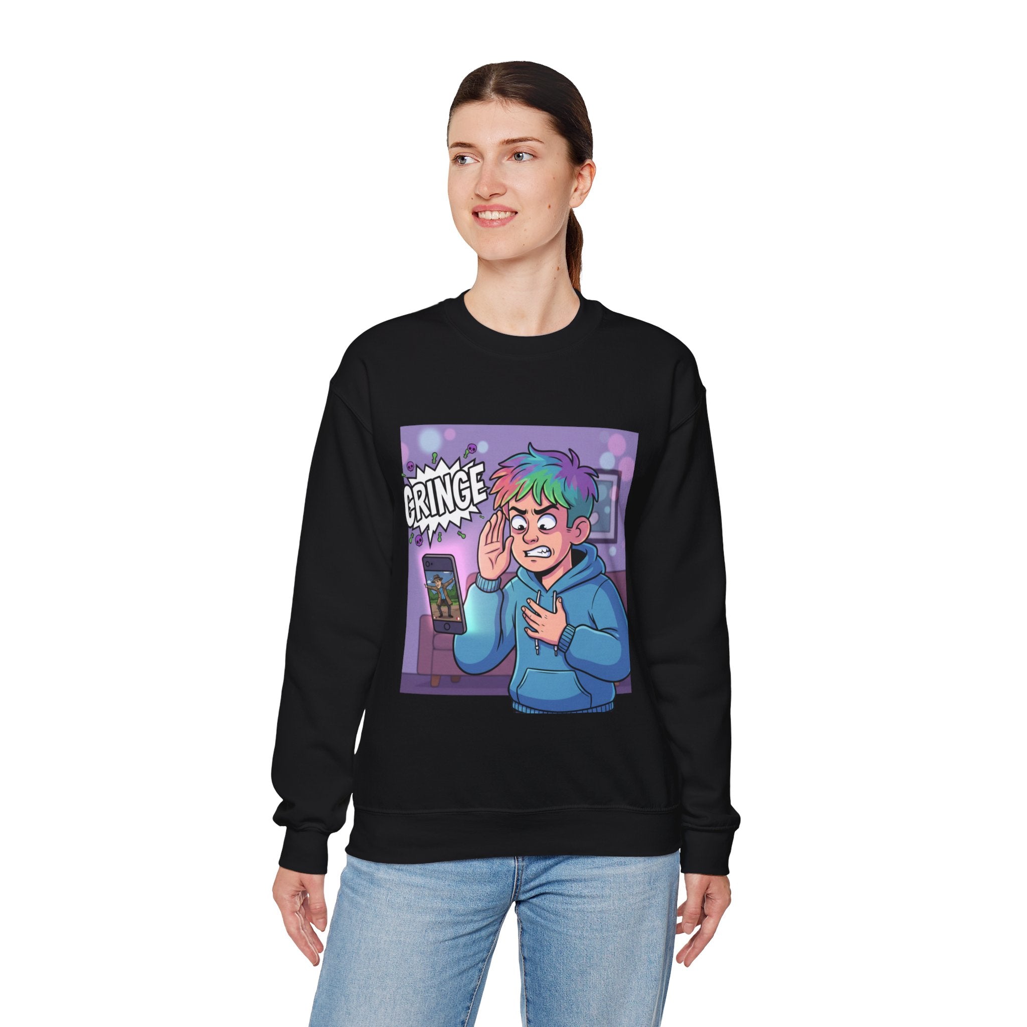 Cringe Reaction Cartoon Boy Sweatshirt | Funny Phone Call Illustration