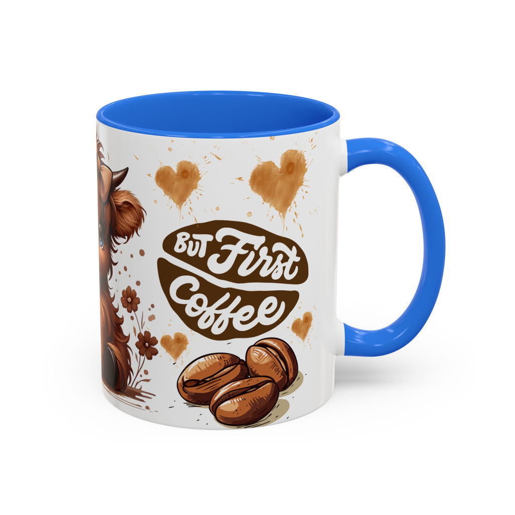 Cute Highland Cow Coffee Mug — "But First Coffee" Colorful Ceramic Mug (11oz/15oz)