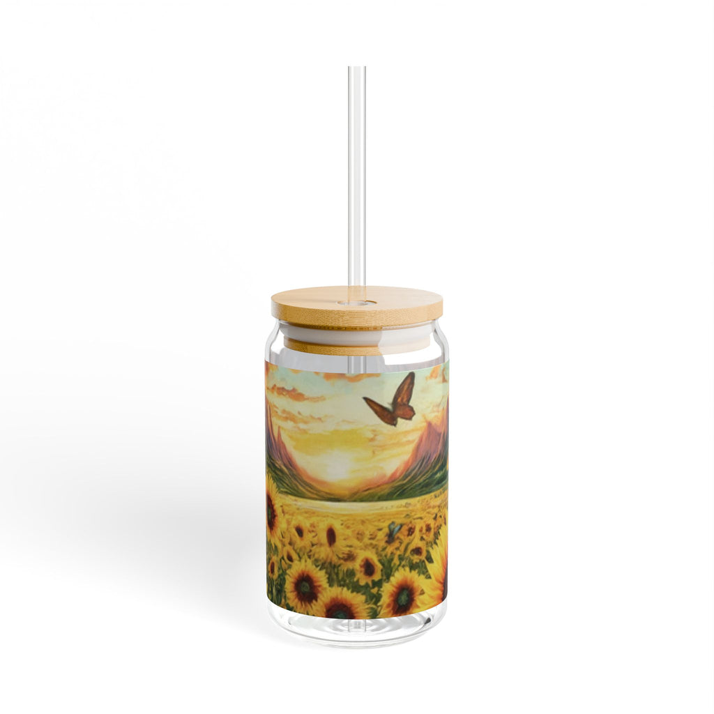 Glass Cup with Straw Sunflower Sunset Theme Sipper Glass, 16oz