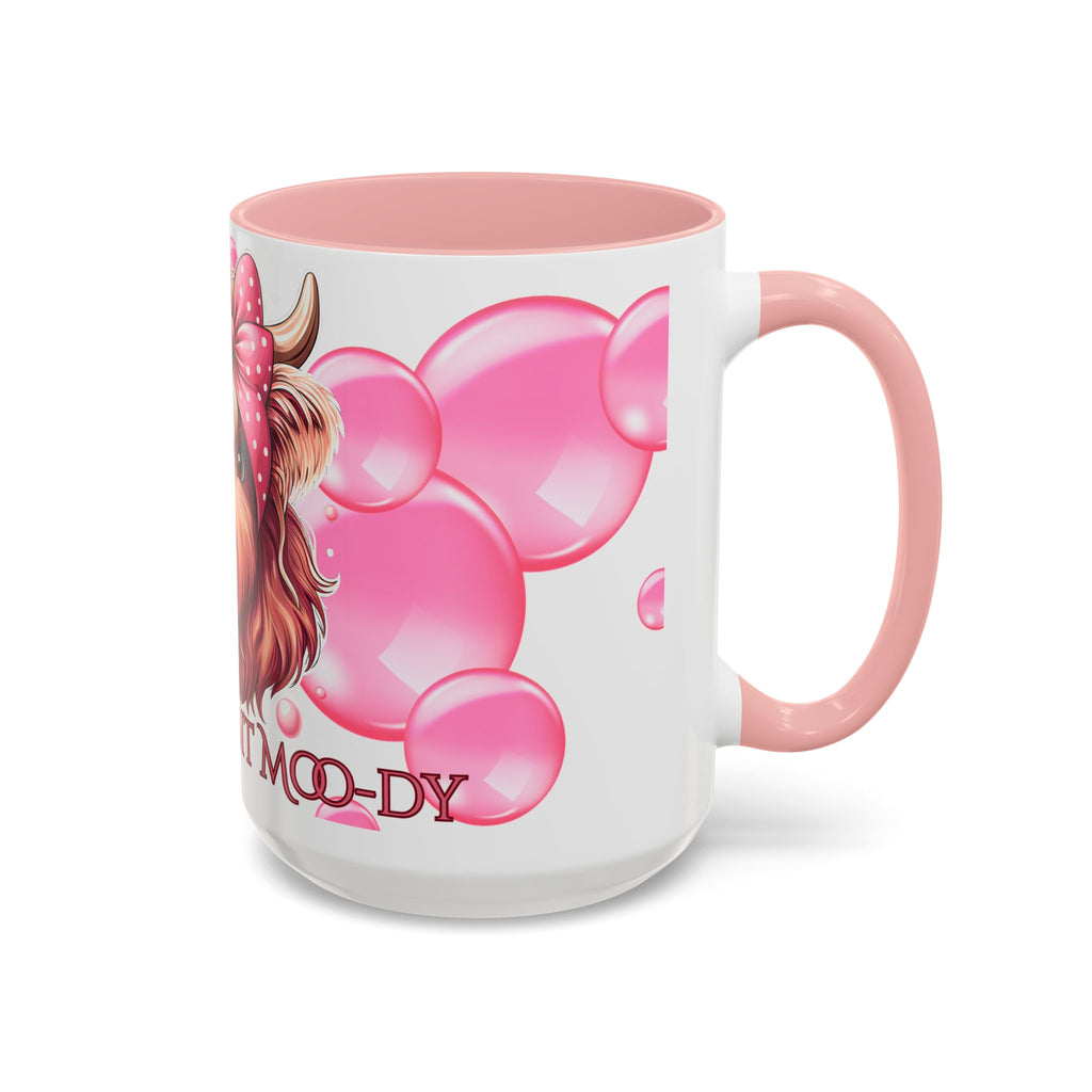 Cute Highland Cow Coffee Mug Saying Just a Wee Bit Moo-dy Pink Accent Mug