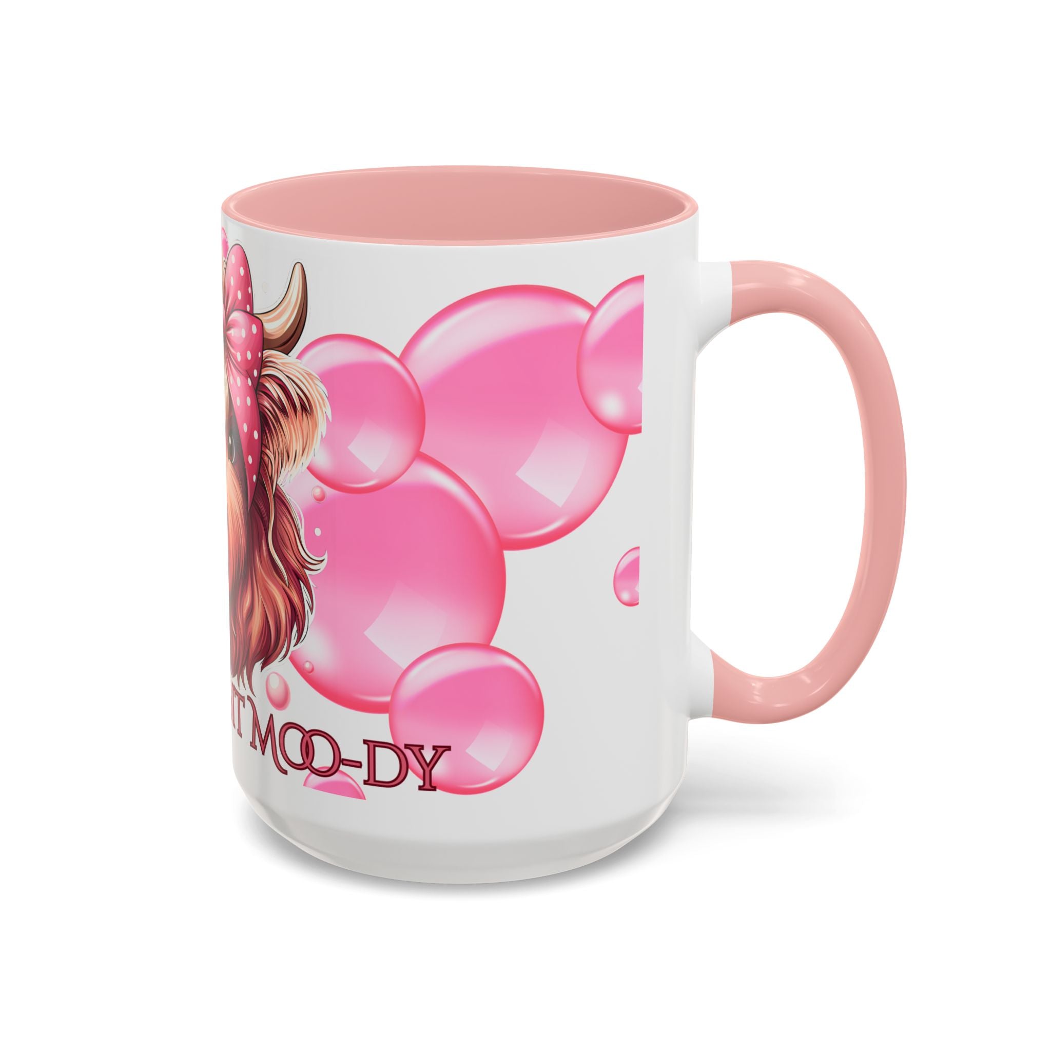 Cute Highland Cow Coffee Mug Saying Just a Wee Bit Moo-dy Pink Accent Mug