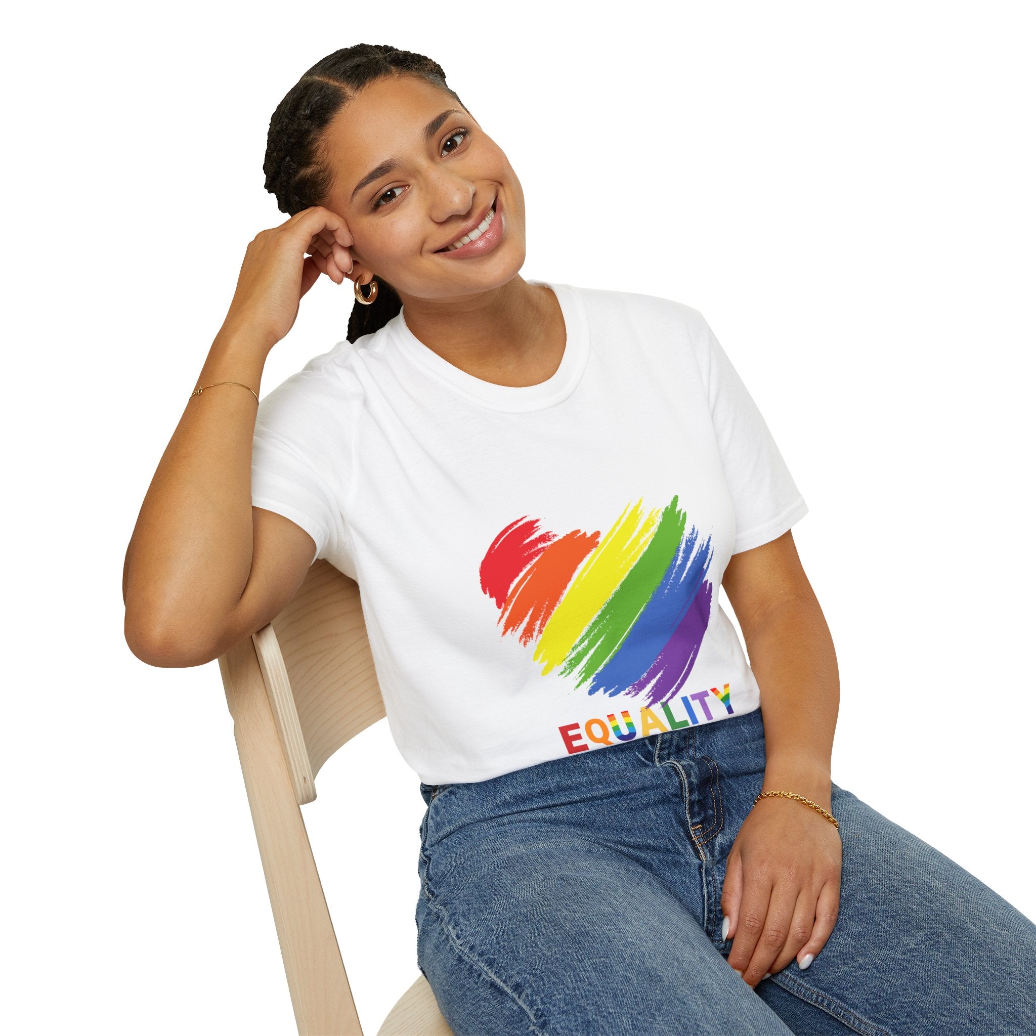 Unisex Equality Pride T-Shirt, LGBTQ+ Apparel, Rainbow Heart Tee, Gift for Allies, Softstyle Anniversary Shirt